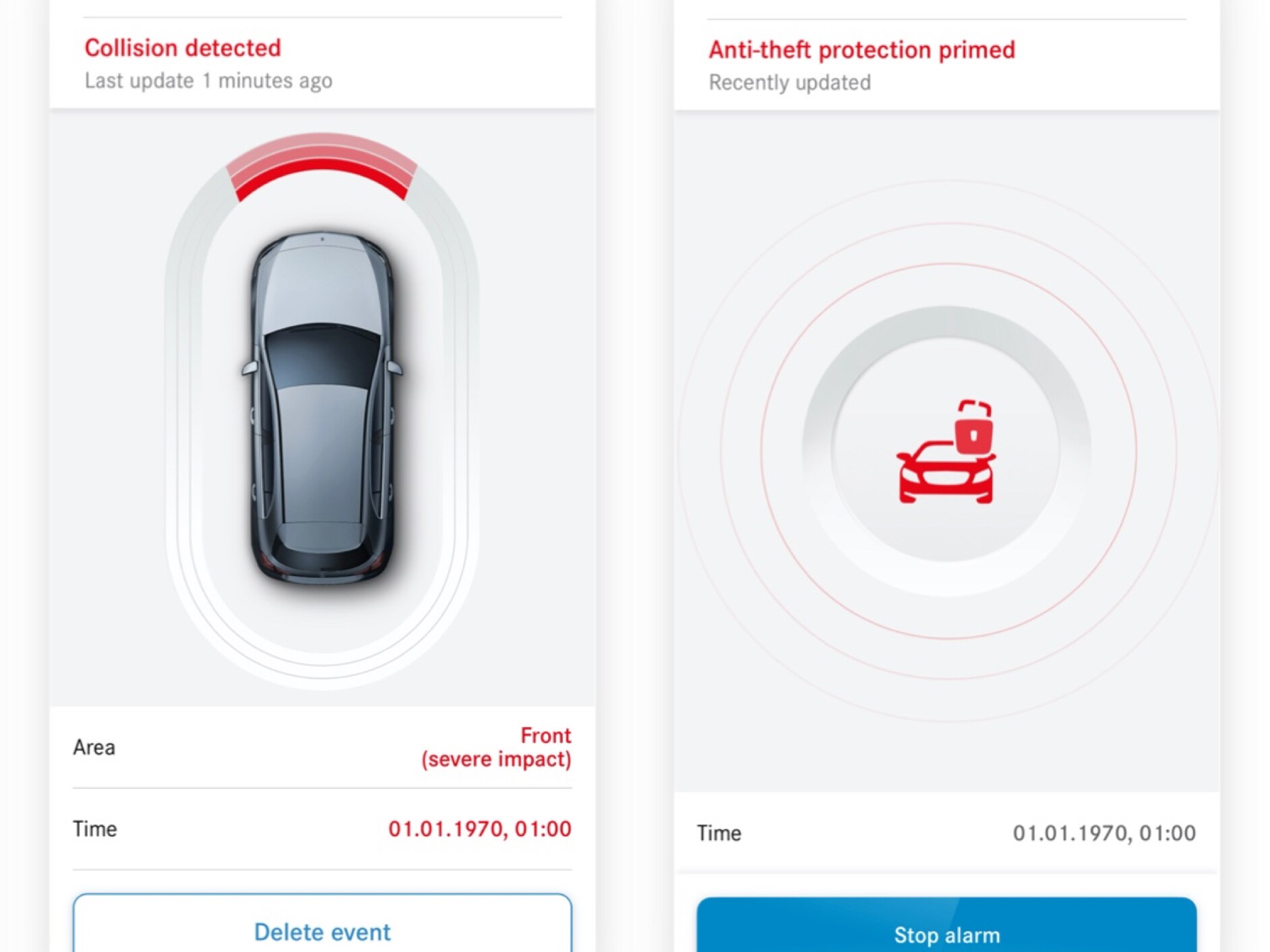 Sur un smartphone, le service connecté Alerte vol avec détection de collision signale une collision.