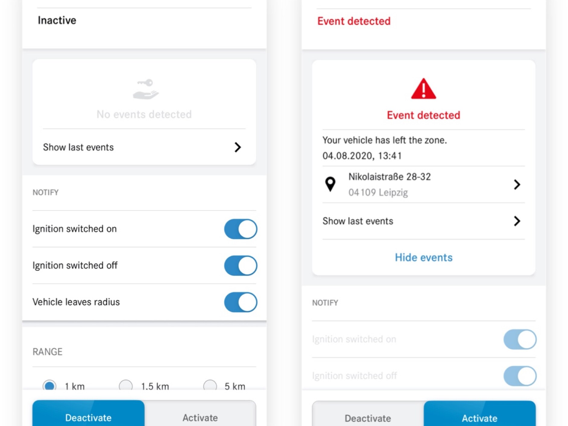 Vous pouvez voir ici sur un smartphone les différents écrans qui apparaissent lorsque le service connecté Alerte voiturier détecte une infraction.