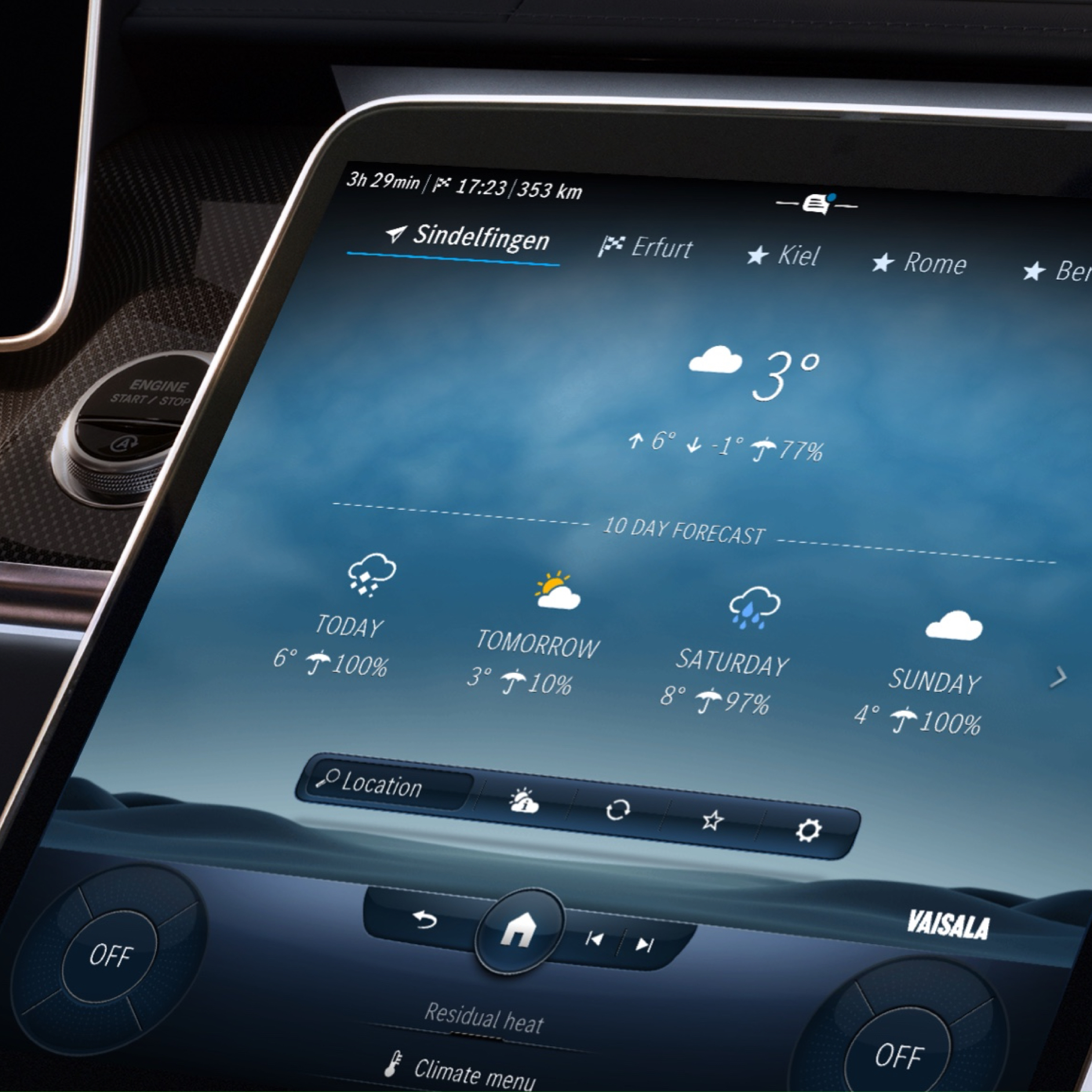 Wettervorhersage | Navigation | Mercedes-Benz Das MBUX Multimediasystem zeigt dank des Digitalen Extras Wetterkarte das Wetter am Zielort.