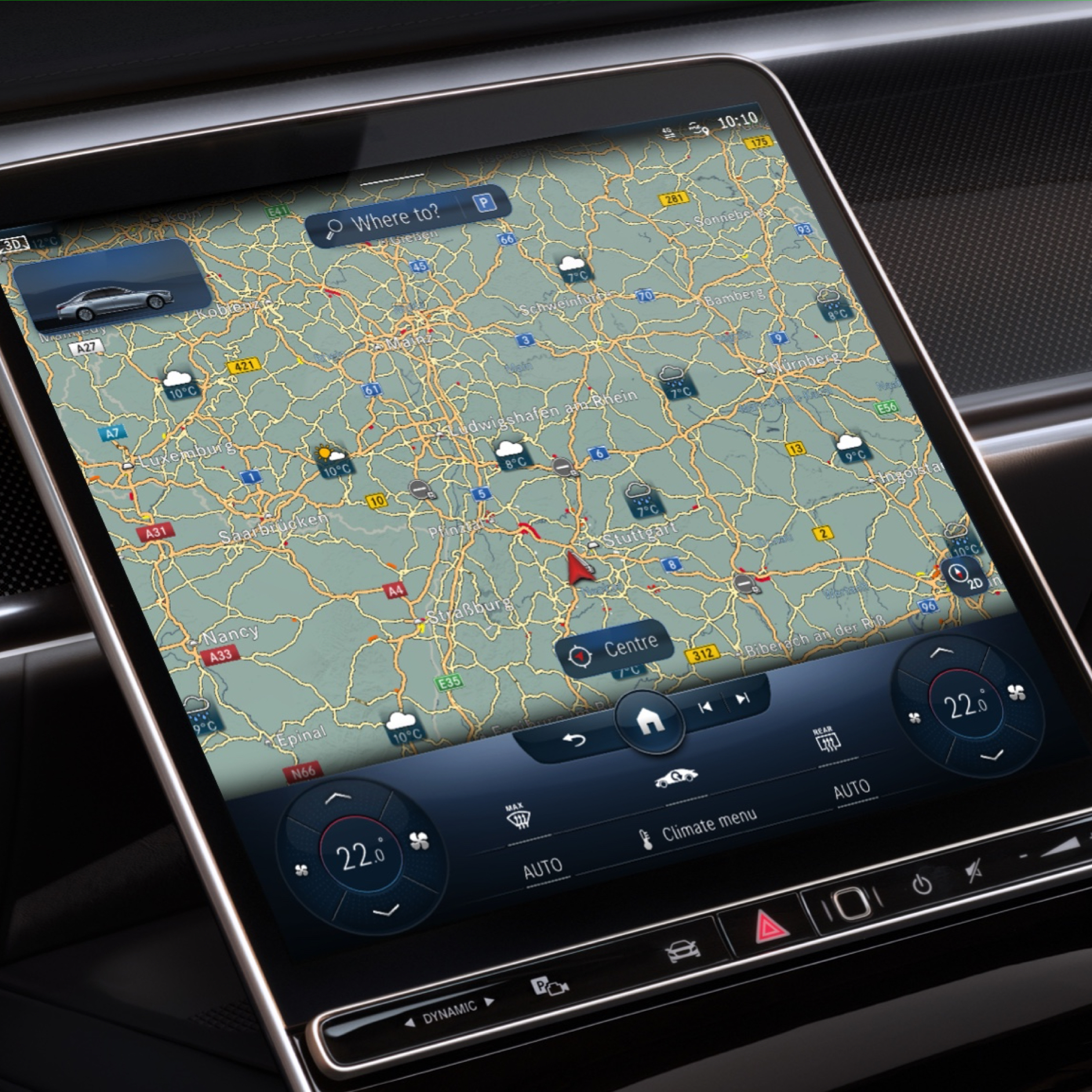 Mappa meteorologica | Navigazione | Mercedes-Benz Il sistema multimediale MBUX mostra le previsioni del tempo nella regione di destinazione grazie al Digital Extras Mappa meteorologica.