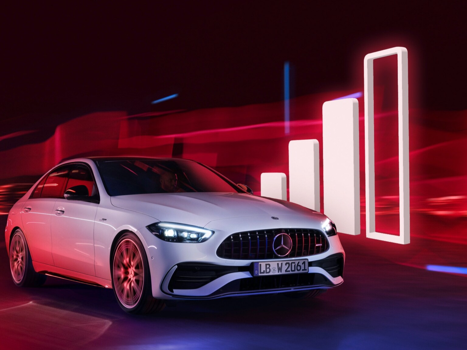 Ein Mercedes-Benz fährt an einer Visualisierung eines Empfangssignalbalkens vorbei.