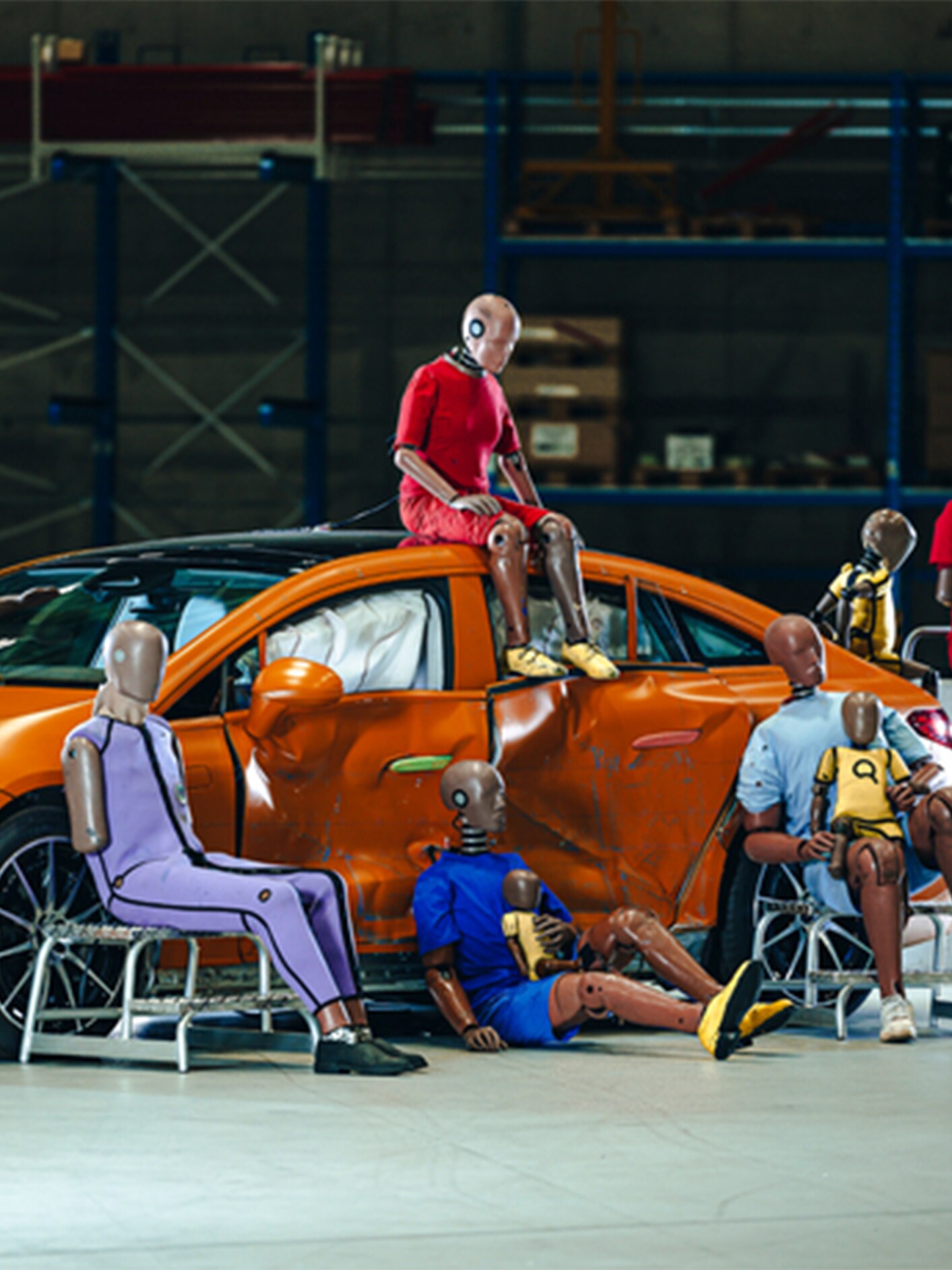Crashtest-Dummys um ein Mercedes-Benz Fahrzeug.