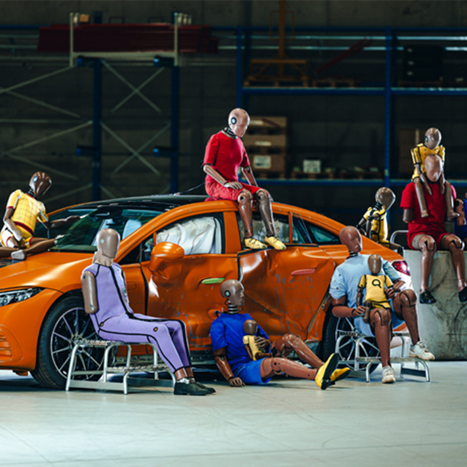 Dossards d’essai de collision | Sécurité | Mercedes-Benz Mannequins de crash-test autour d’une Mercedes-Benz.