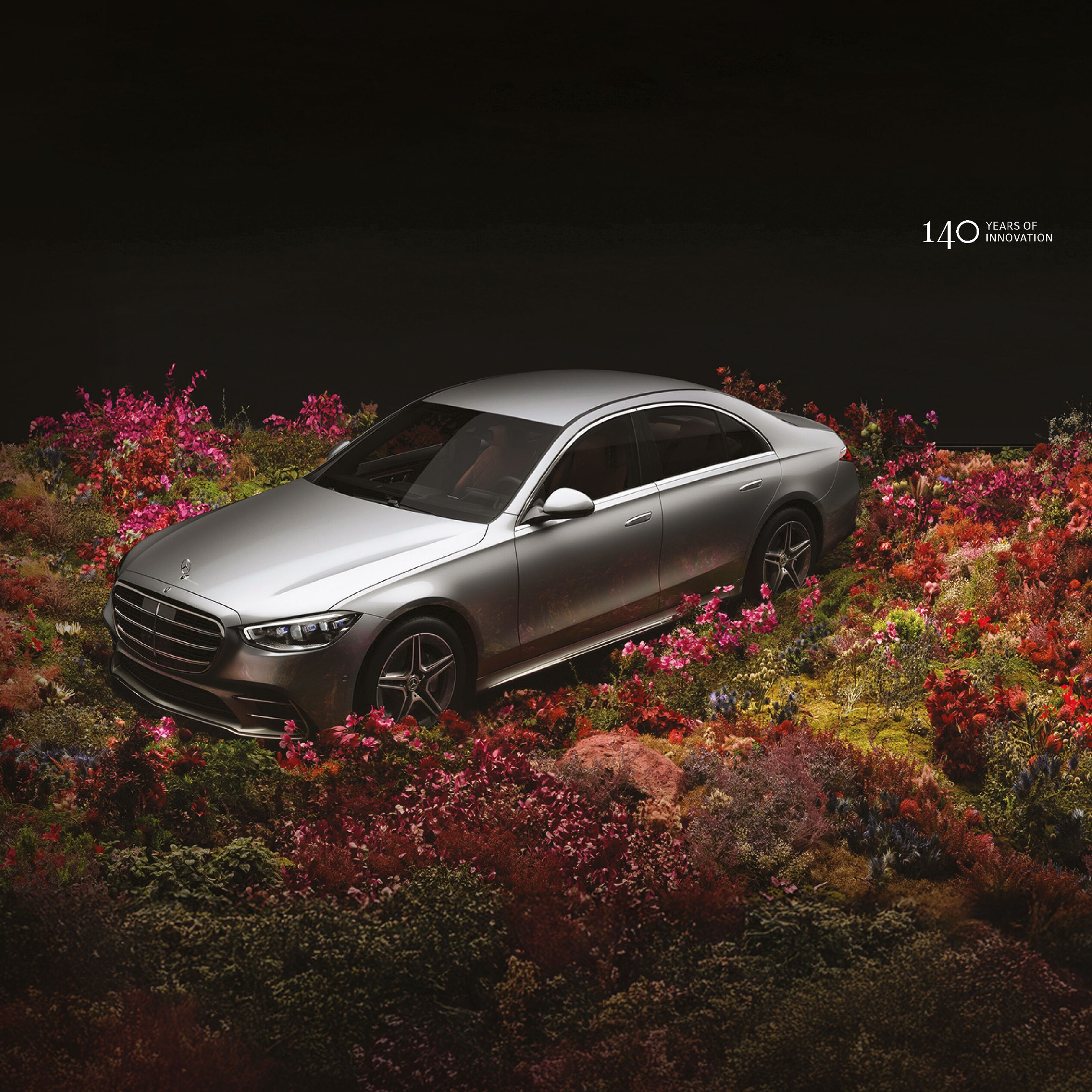 Une Mercedes-Benz Classe S dans un champ de fleurs.