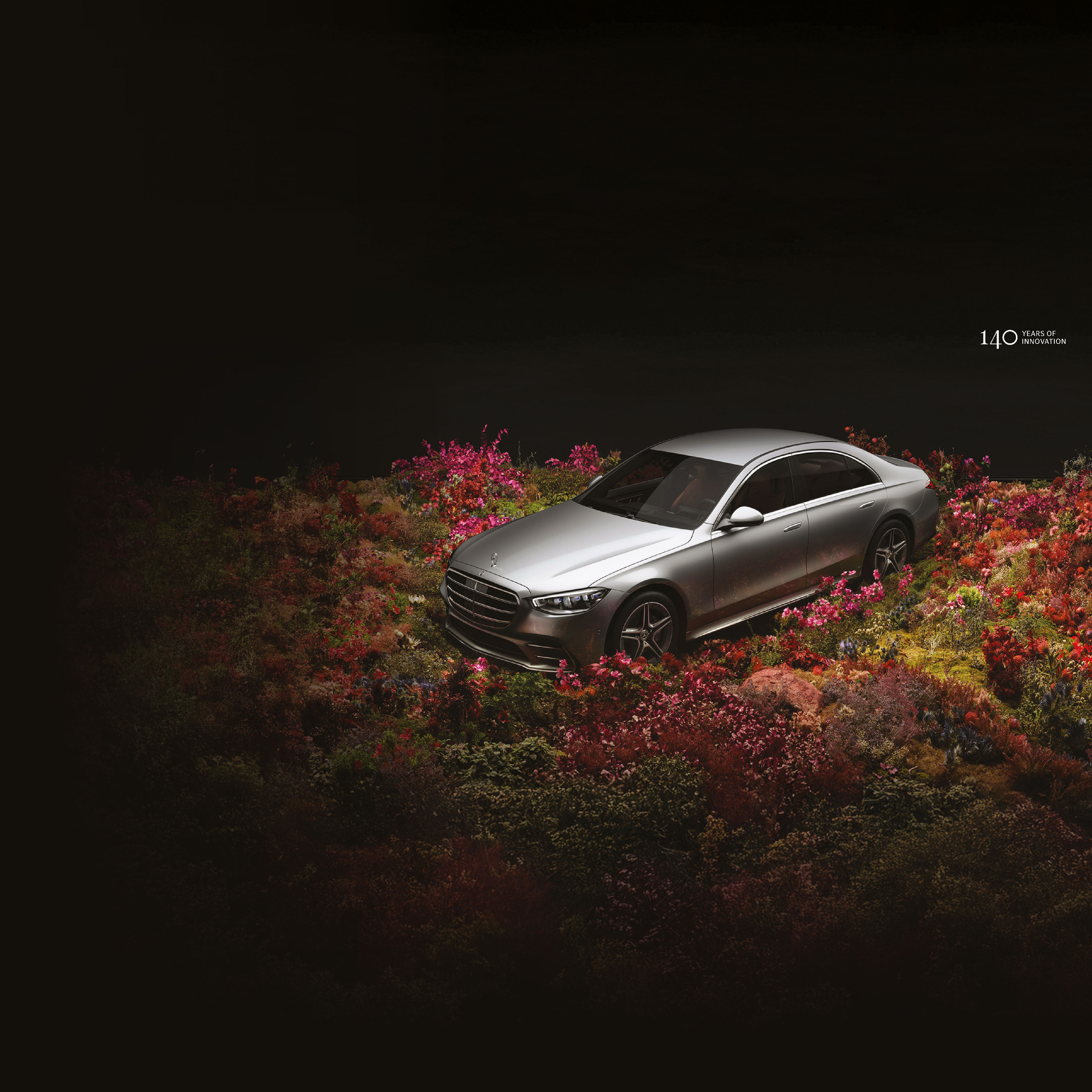 Technologie | Mercedes-Benz Une Mercedes-Benz Classe S dans un champ de fleurs.