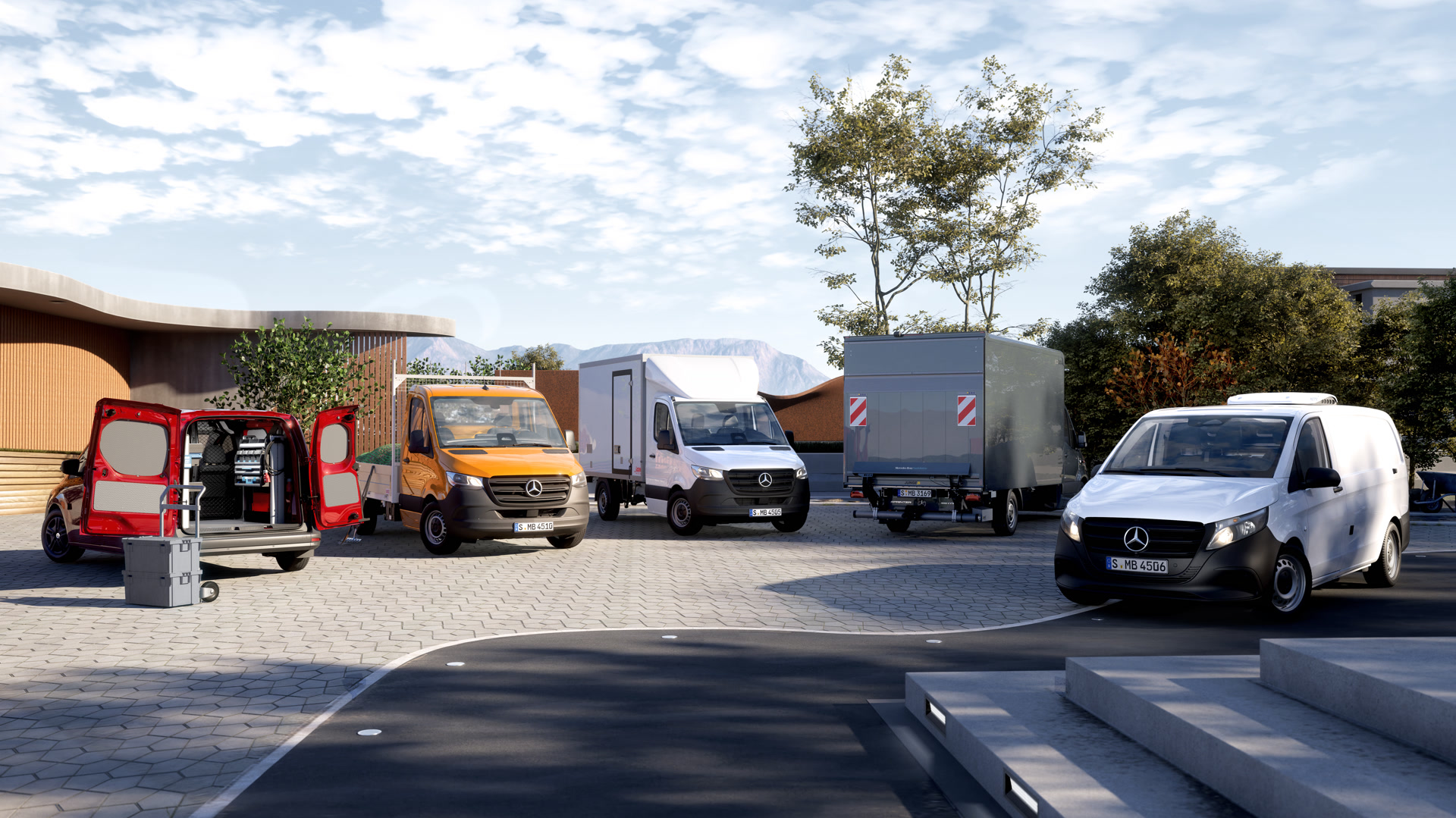 Des utilitaires légers Mercedes-Benz avec différentes solutions de carrossage et de transformation en action sur le terrain. Plusieurs utilitaires légers Mercedes-Benz, dotés de solutions de carrossage et de transformation sur mesure, sont garés côte à côte sur un espace ouvert devant un bâtiment à l'architecture moderne ; on y trouve notamment des véhicules destinés à la logistique, au bâtiment, à l'artisanat et à un usage commercial.