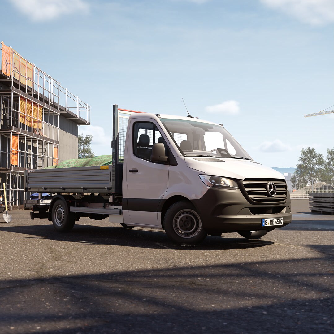 Une Mercedes-Benz Sprinter équipée d'une tribenne de la marque Dautel est en service sur un chantier – une solution robuste pour les véhicules destinés au secteur du bâtiment, à l'artisanat et au transport de matériaux.