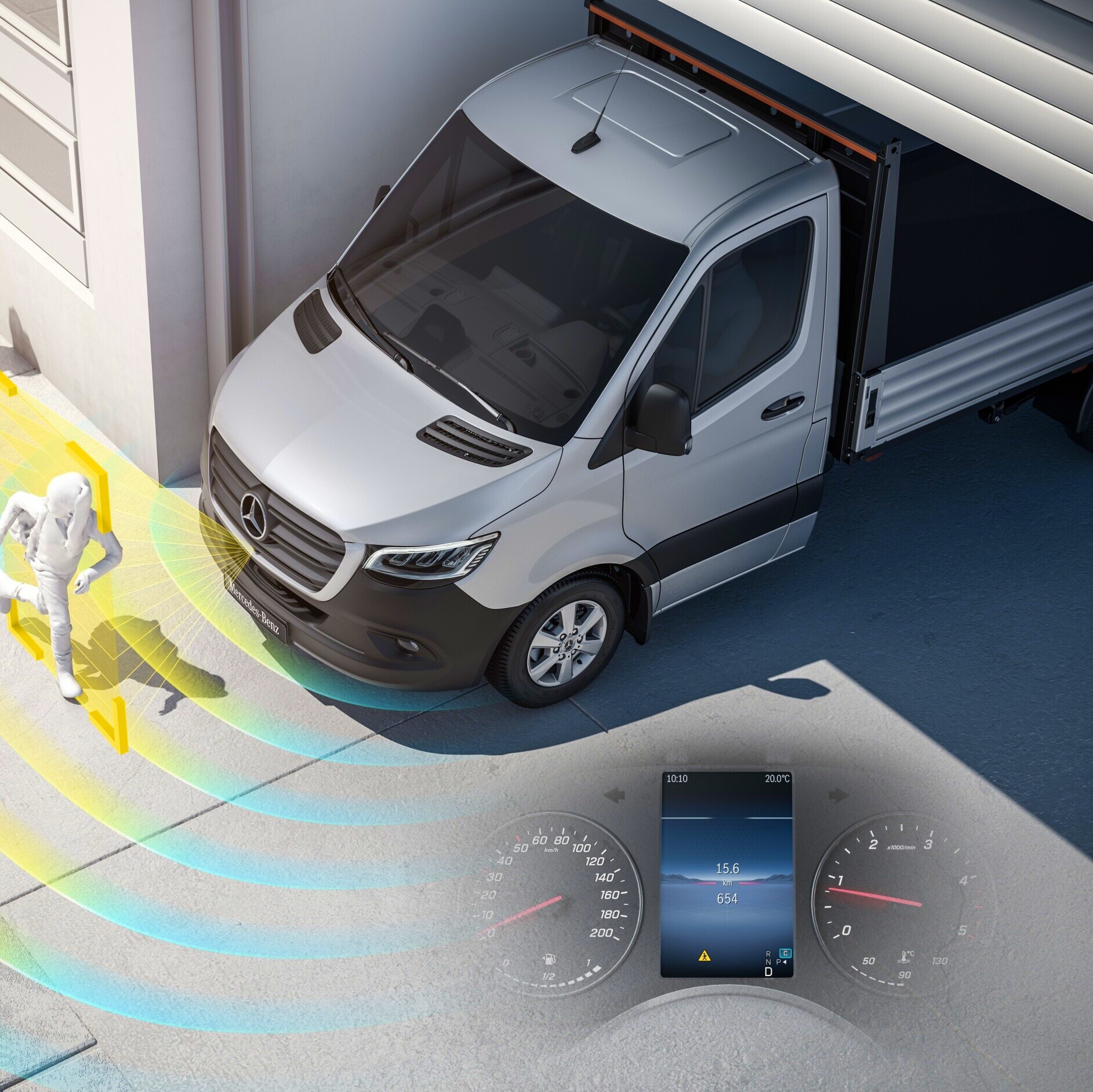 Sistema di assistenza all'avviamento | eSprinter Autotelaio eSprinter avvisa della presenza di un pedone davanti.