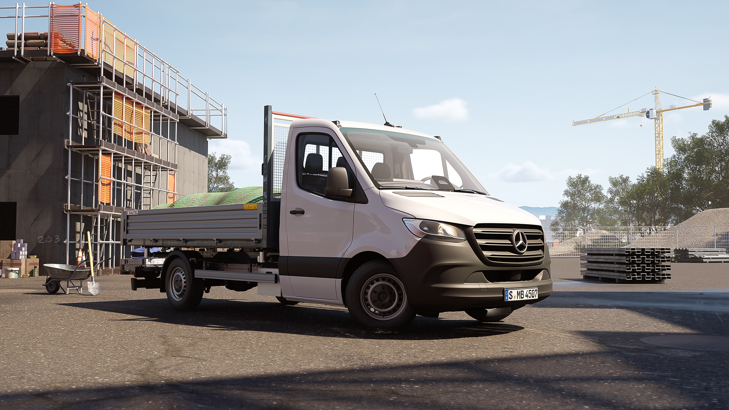 Sprinter à plateau | Toute la gamme Sprinter | Utilitaires légers Mercedes-Benz Le Sprinter à plateau sur un chantier
