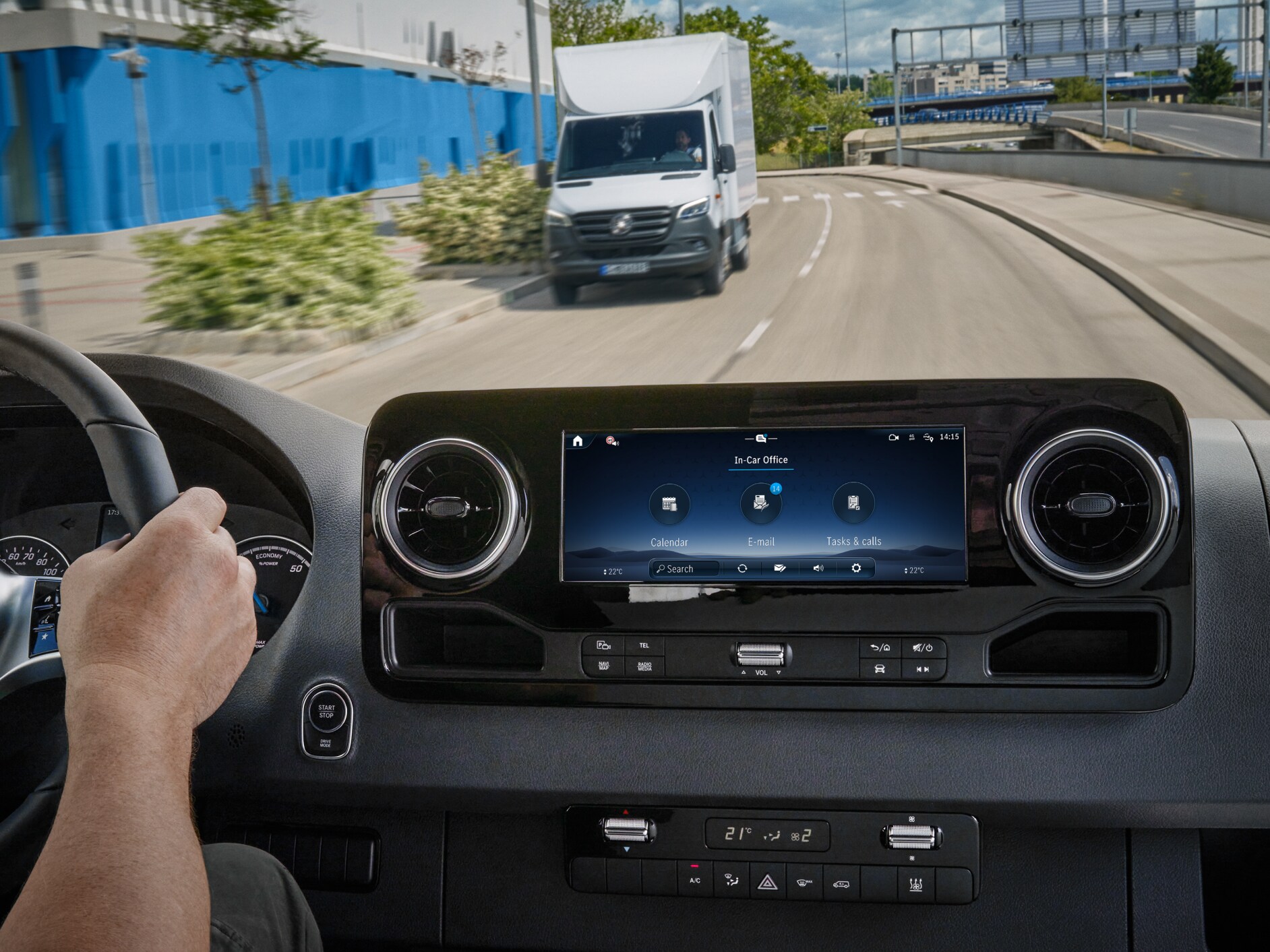 The In-Car Office function in the MBUX multimedia system in a Mercedes-Benz van.