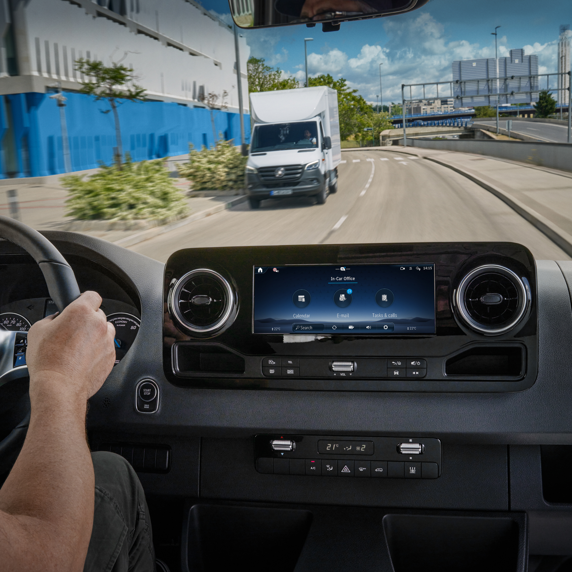 In-Car Office | Digital Extras | Mercedes-Benz The In-Car Office function in the MBUX multimedia system in a Mercedes-Benz van.