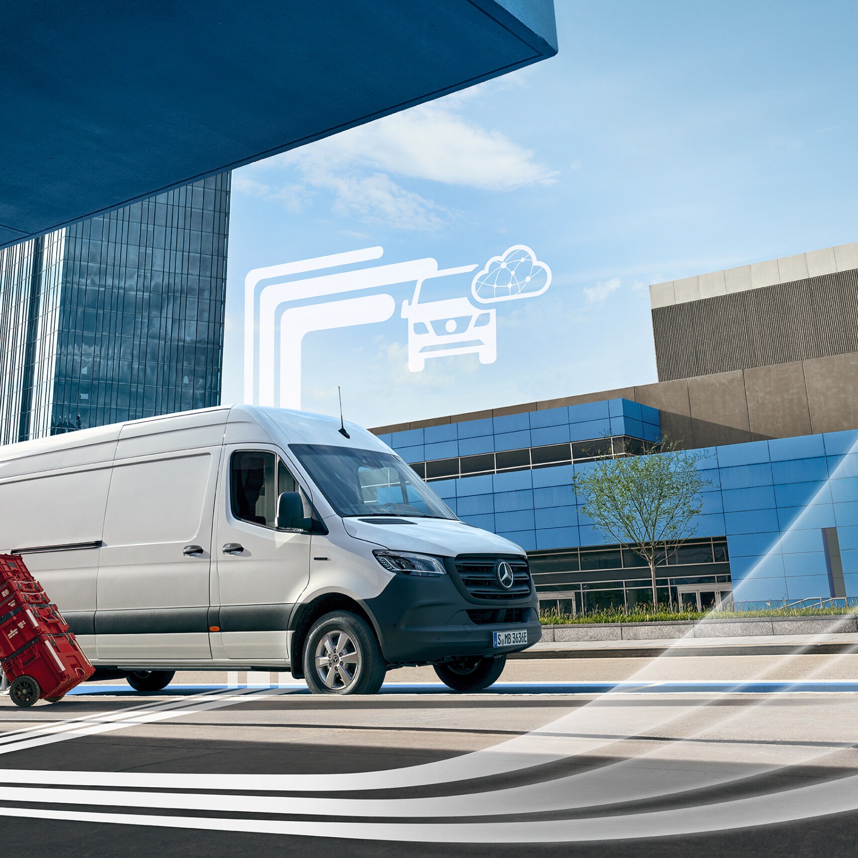 Un veicolo commerciale Mercedes-Benz con elementi grafici che rappresentano i Digital Extras.