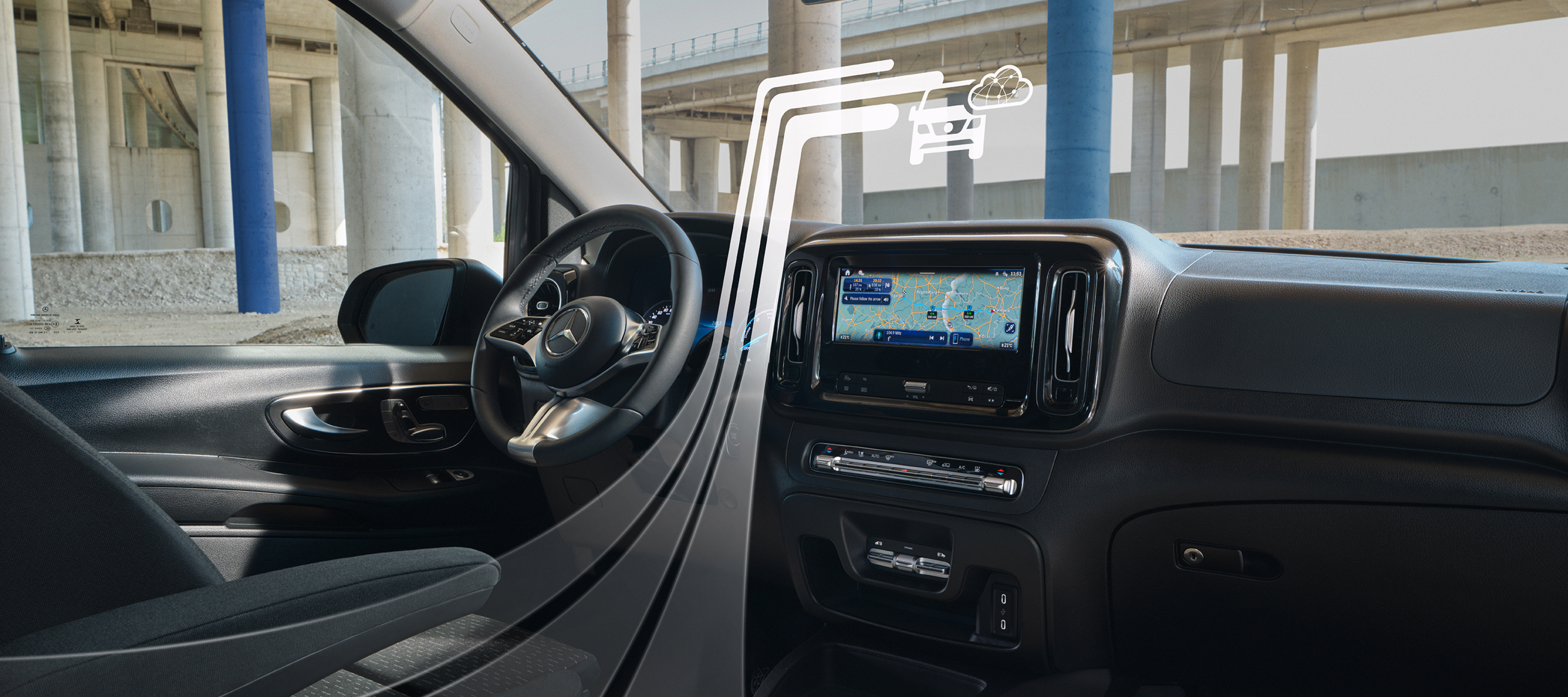 Navigazione | Digital Extras | Mercedes-Benz La funzione di navigazione nel sistema multimediale MBUX con elementi grafici che mostrano i Digital Extras.