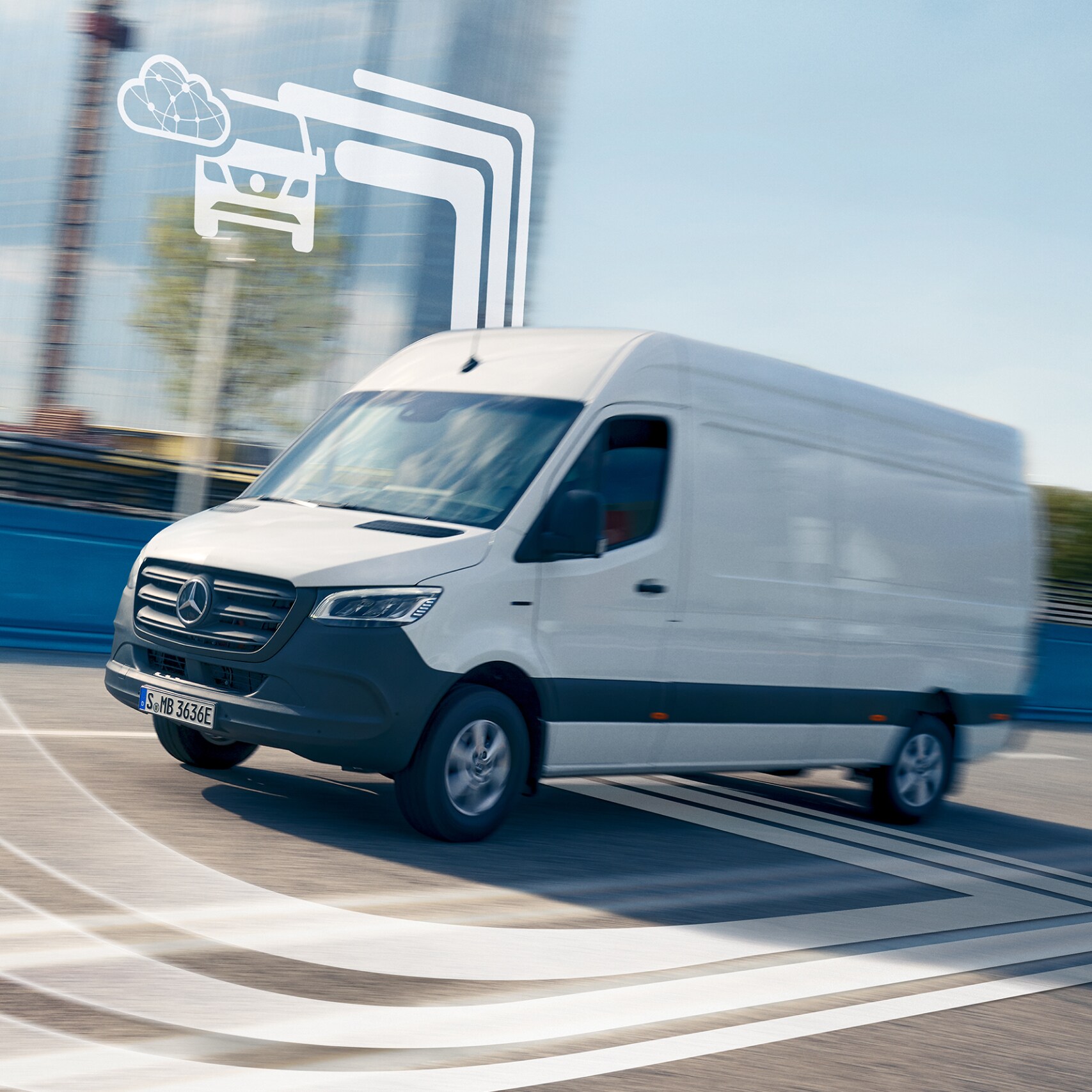 Un veicolo commerciale Mercedes-Benz con elementi grafici che rappresentano i Digital Extras.