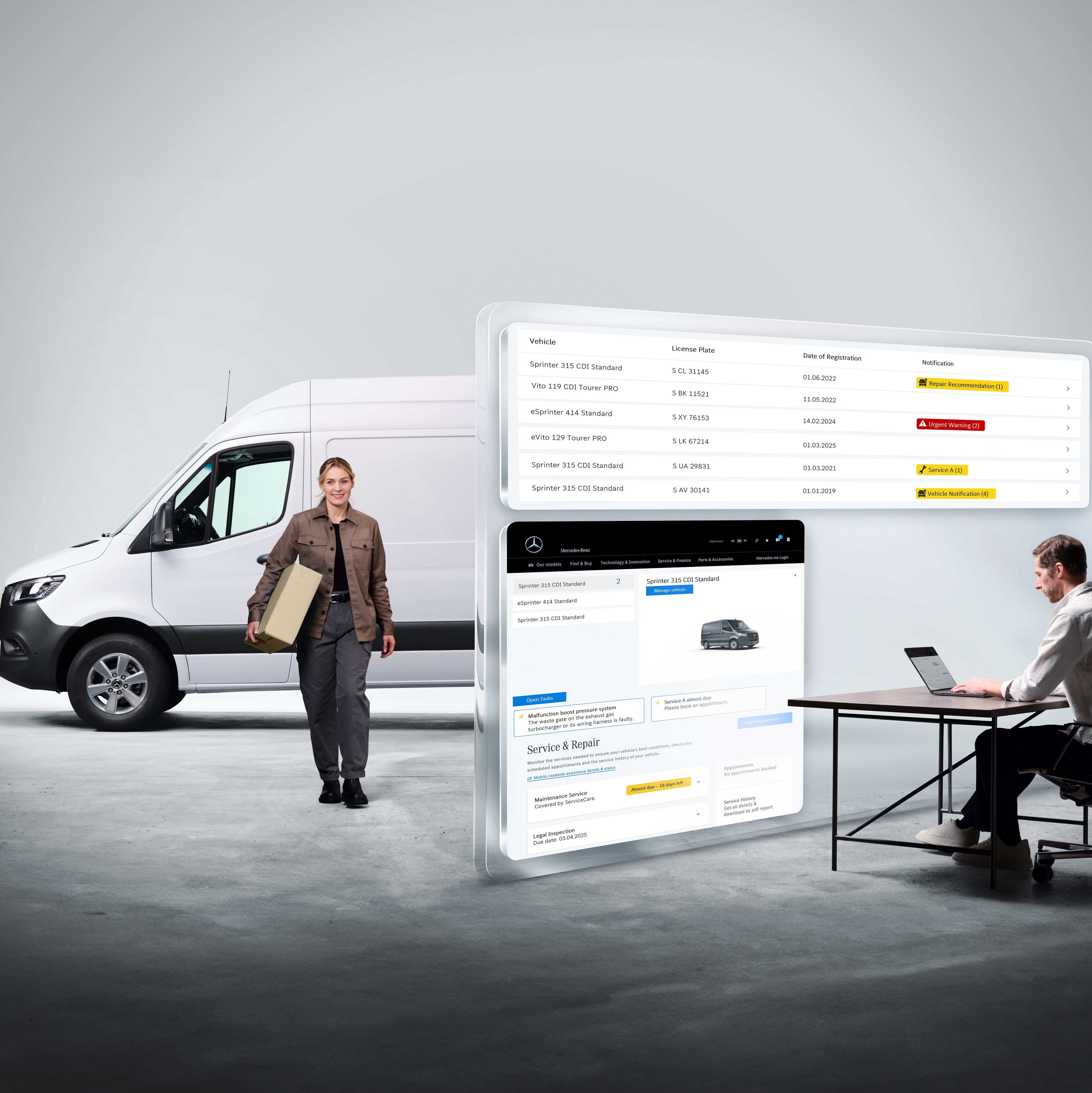 Gli schermi visualizzano i servizi digitali di Mercedes-Benz con persone, un Mercedes-Benz Sprinter è presente sullo sfondo.