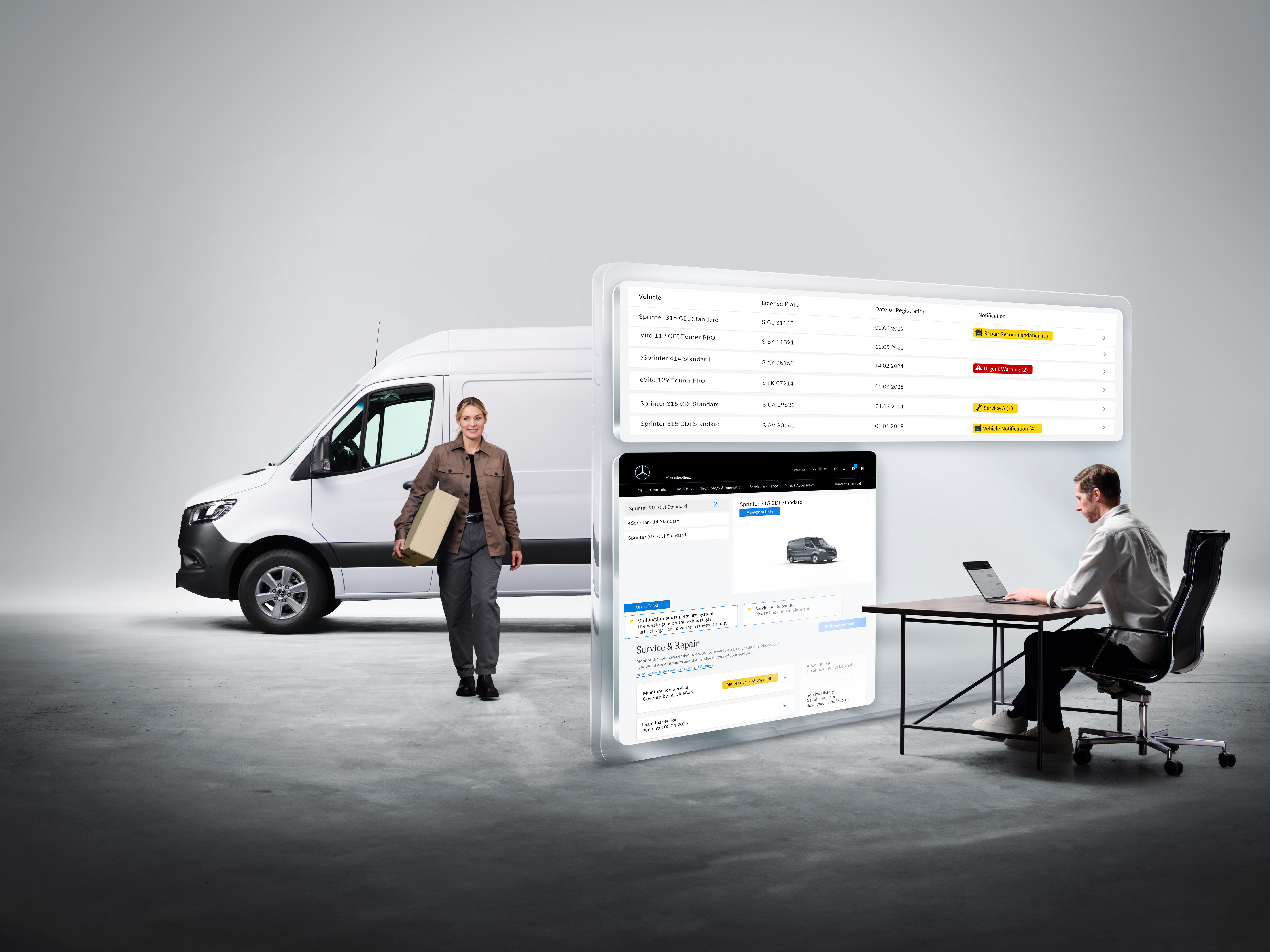 Van Uptime Monitor | Services connectés | Mercedes-Benz Les écrans affichant les services connectés de Mercedes-Benz, avec des personnes et une Mercedes-Benz Sprinter en arrière-plan.