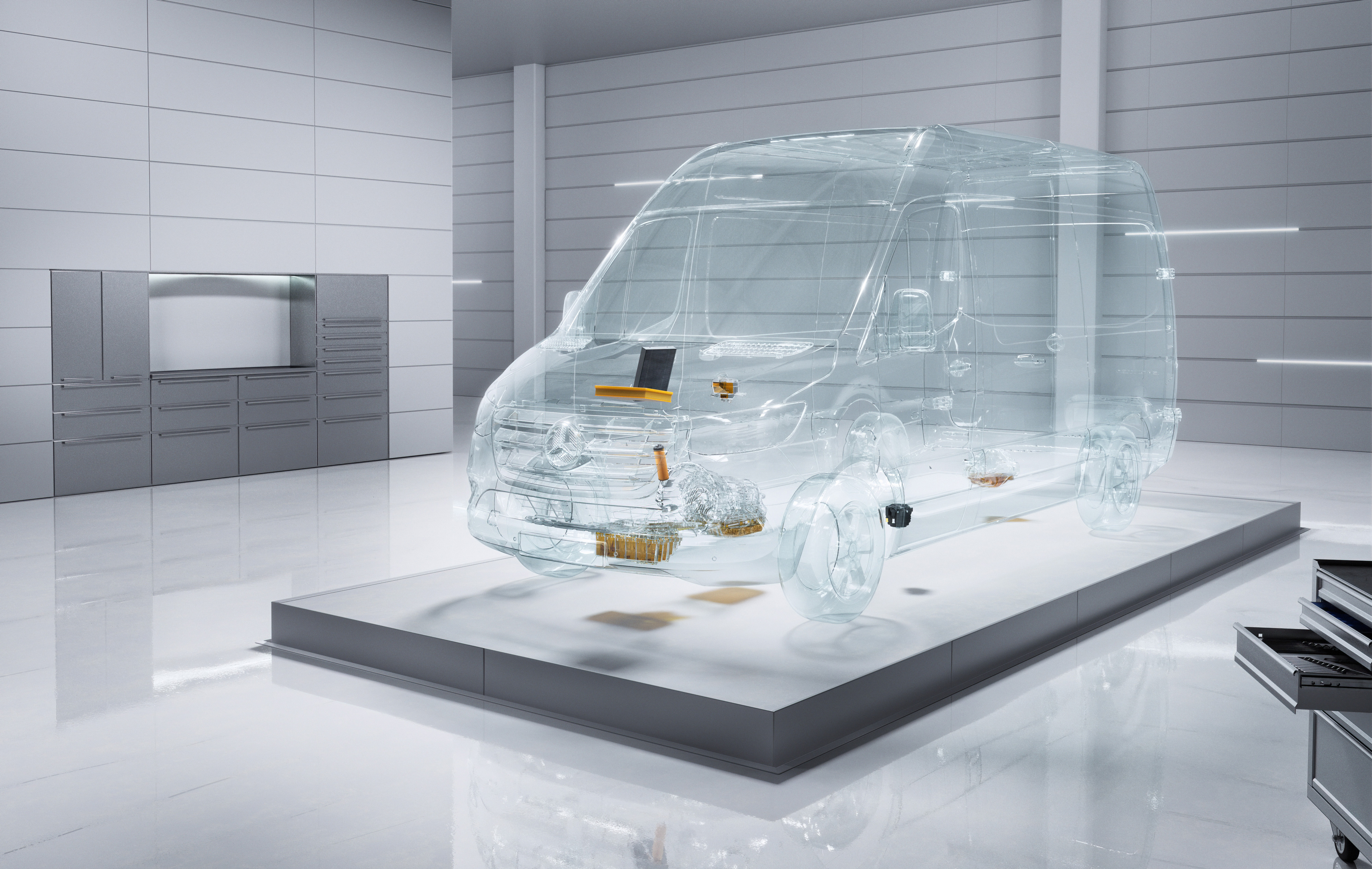Mercedes-Benz | Transporter Flottendienste | ServiceCare Ein virtueller transparenter Mercedes-Benz Sprinter in einer Werkstattumgebung.