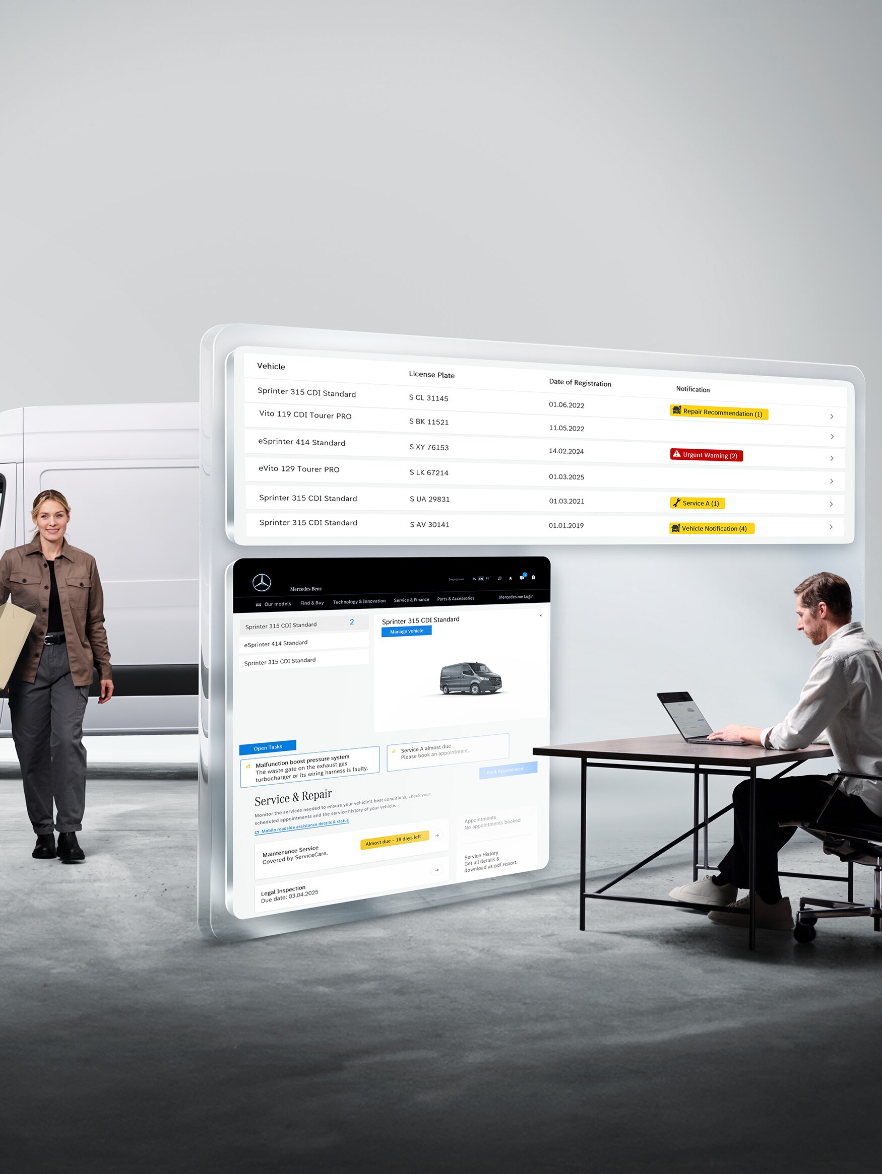 Diagnostic numérique de Mercedes-Benz : un homme sur un ordinateur portable, une femme à côté d’un utilitaires légers, affichage de données de diagnostic virtuelles.