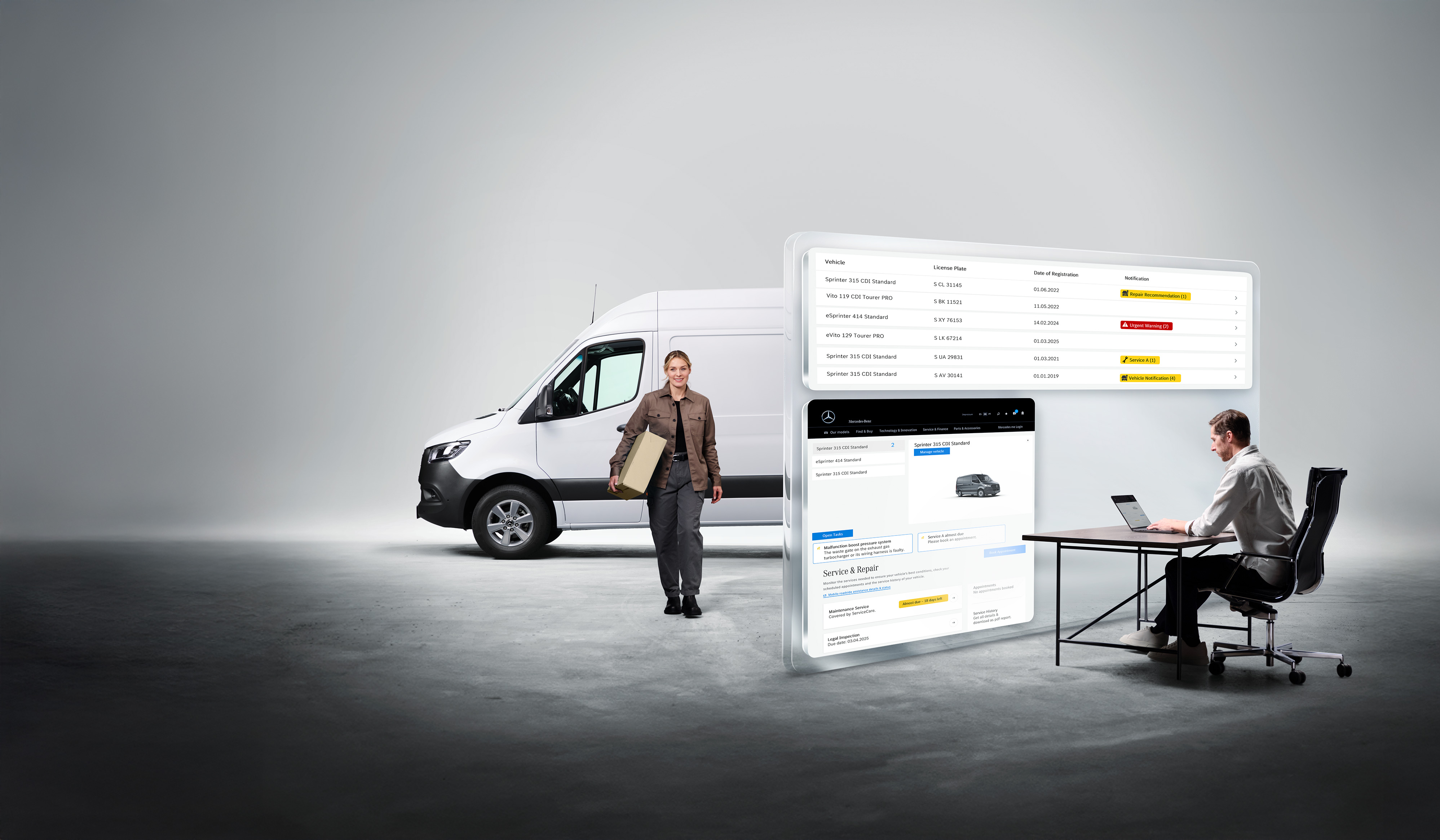 Mercedes-Benz | Transportertechnik | Digitale Extras Mann überwacht Transporterfuhrpark auf Laptop, Mercedes-Benz Van Uptime Monitor für maximale Verfügbarkeit.