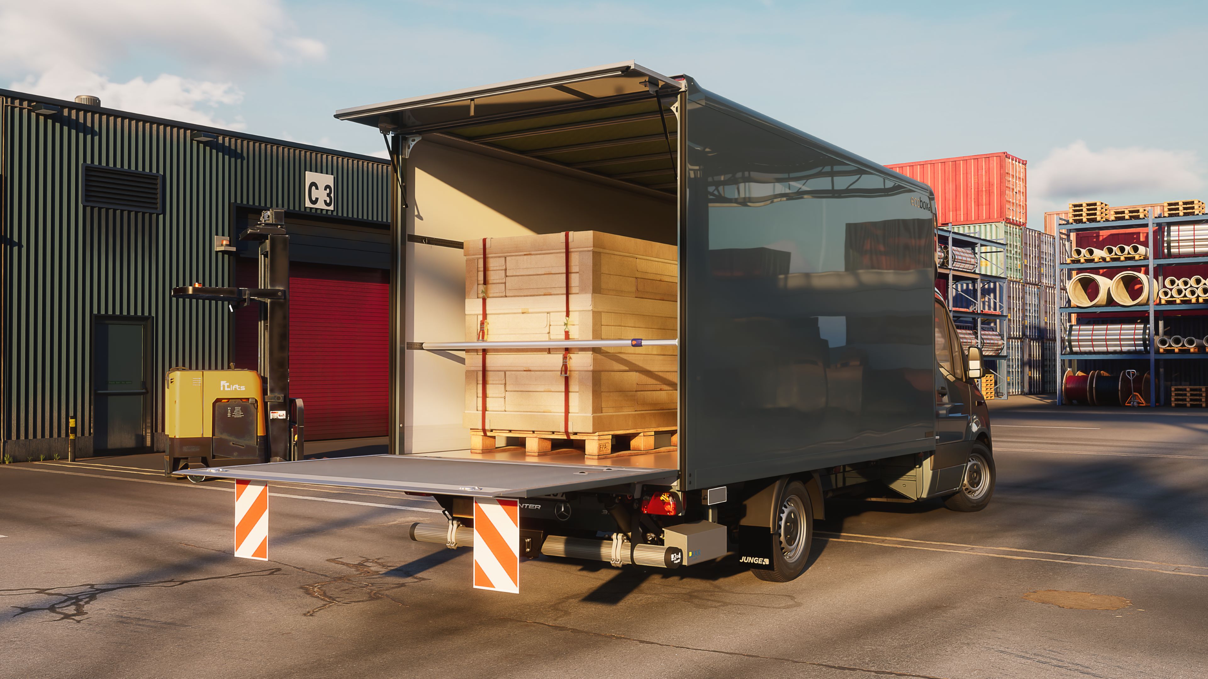 Mercedes-Benz Sprinter con furgonatura Junge per merci secche. Mercedes-Benz Sprinter con furgonatura aperta e merci su pallet.