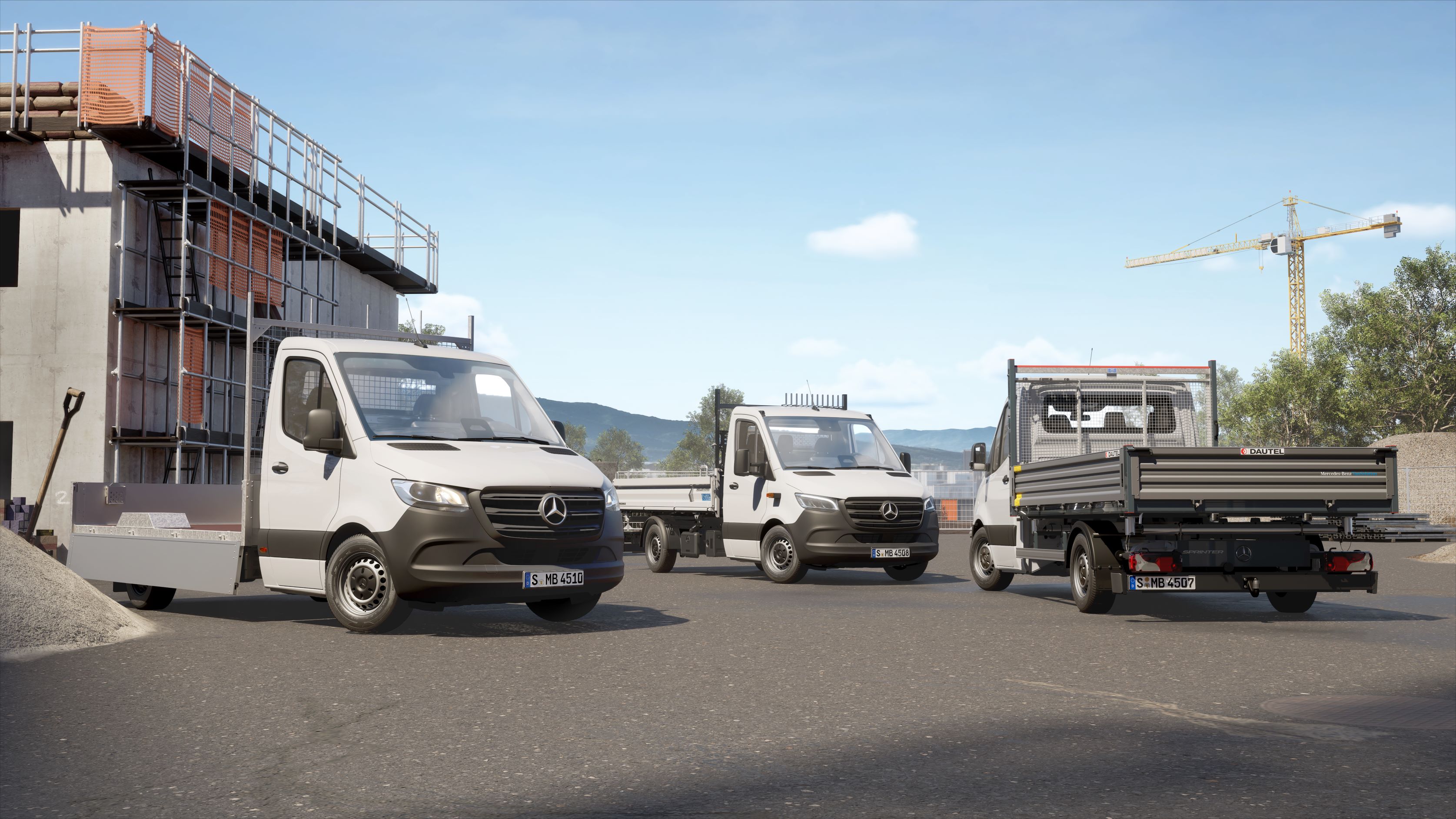 VanSolution | Sprinter | Mercedes-Benz Verschiedene Sprinter-Fahrzeuge mit Pritschen- und Kipperaufbauten.