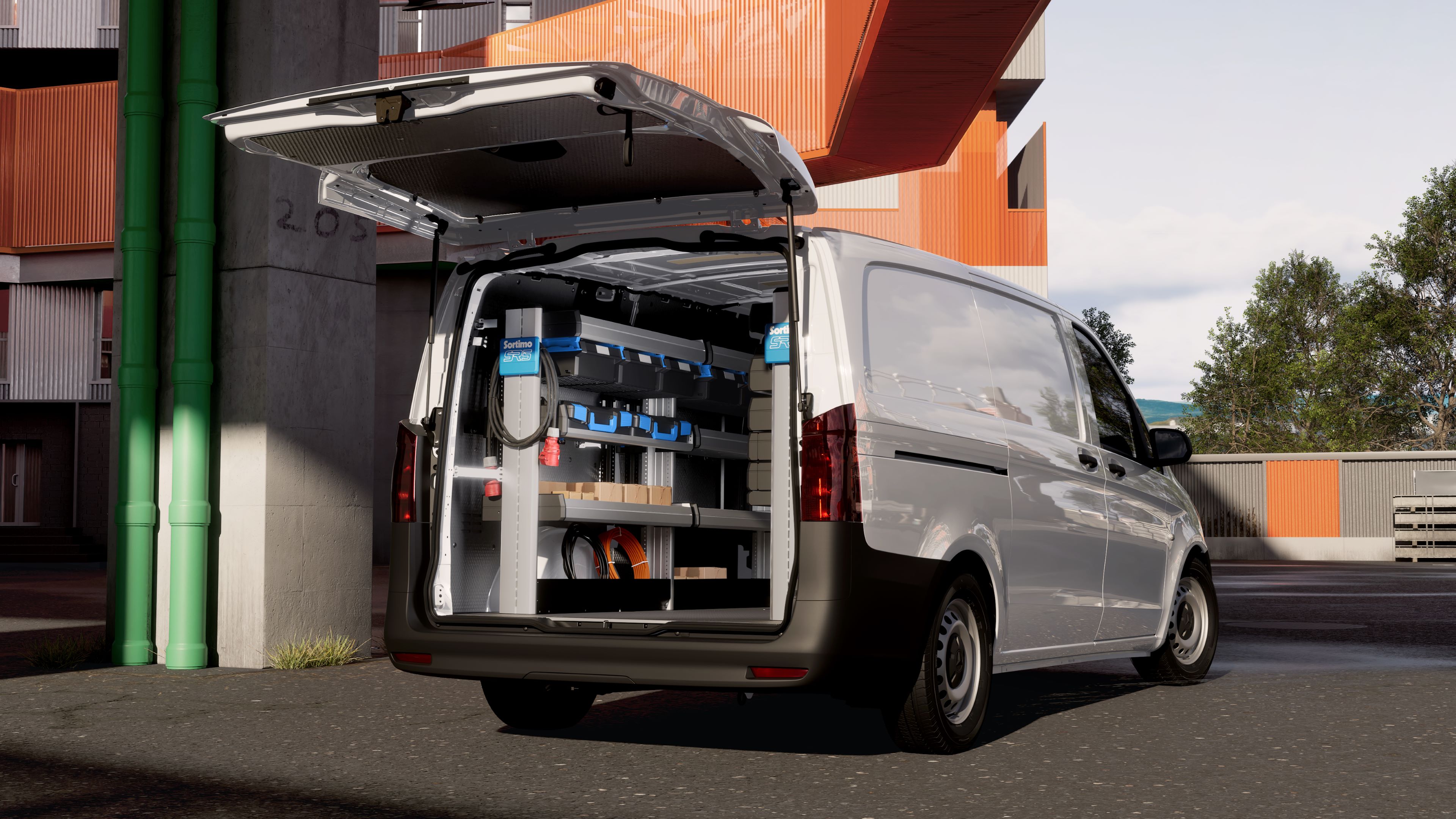Mercedes-Benz Vito avec rayonnage de Sortimo. Le Vito équipé de rayonnages pour utilitaires légers de Sortimo.