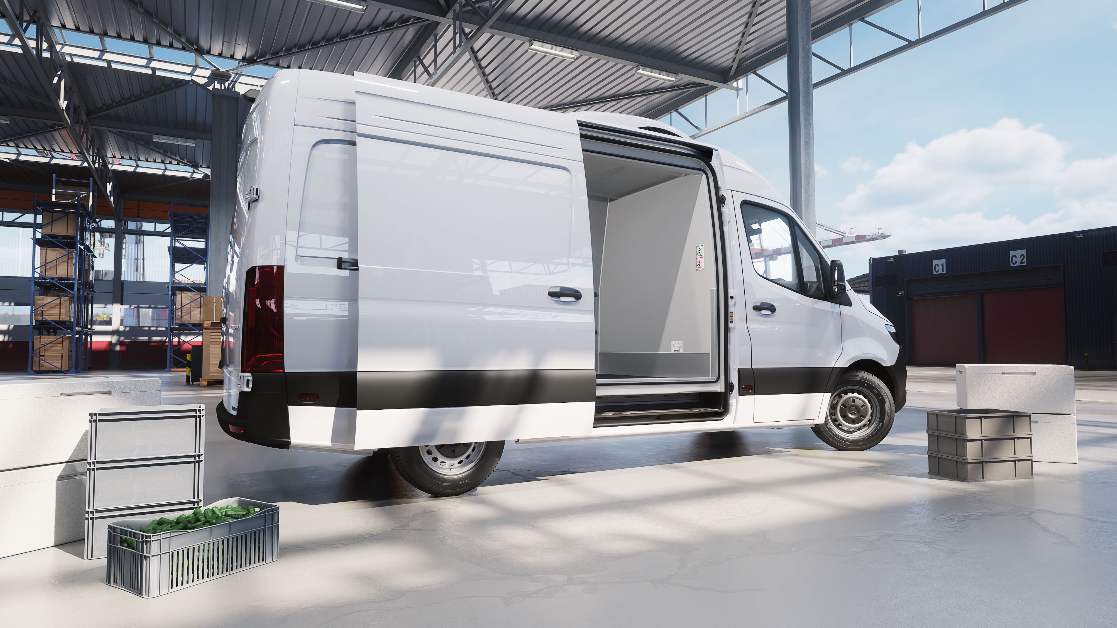 Mercedes-Benz Sprinter con furgonatura refrigerata Kerstner. Sprinter con porta scorrevole aperta sul vano di carico isolato.