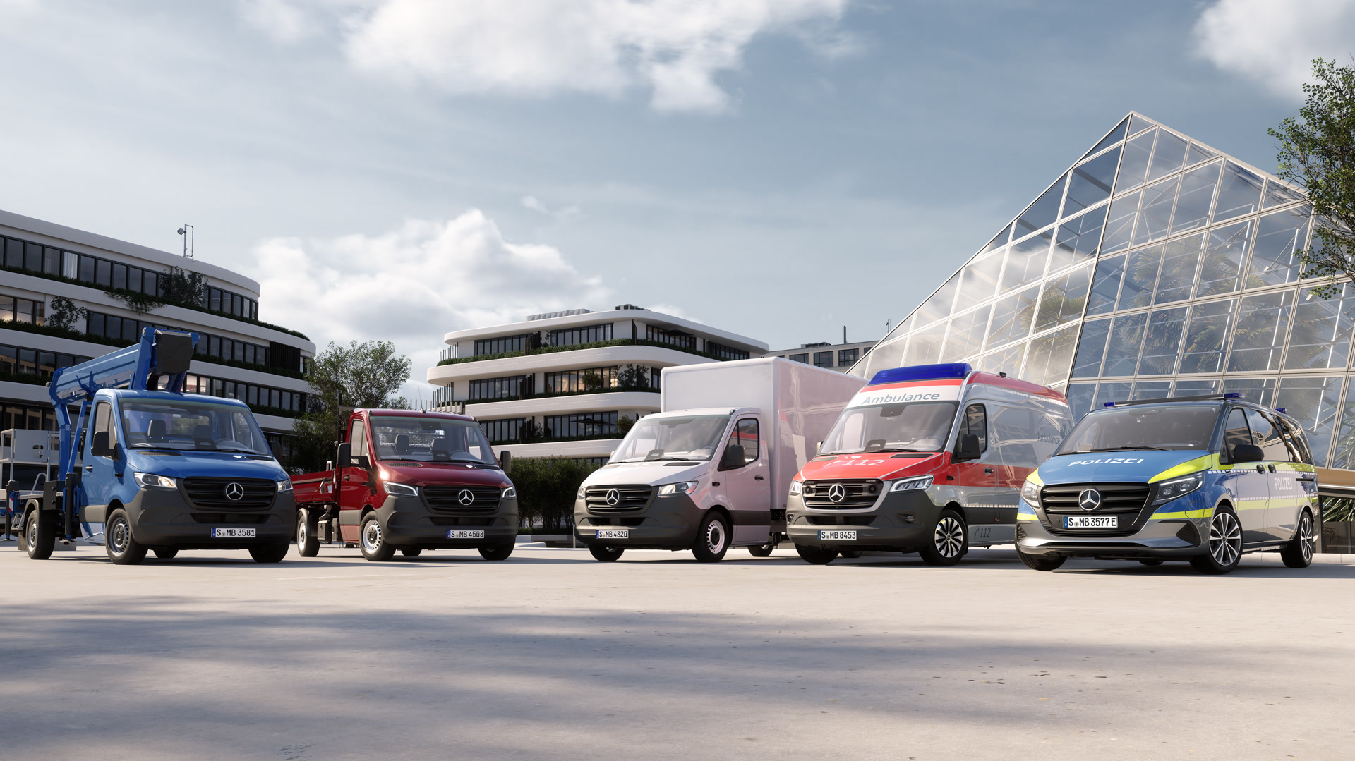 Mercedes-Benz Transporter mit Aufbauten für verschiedene Branchen. Verschiedene Fahrzeuge von Mercedes-Benz VanSolution.