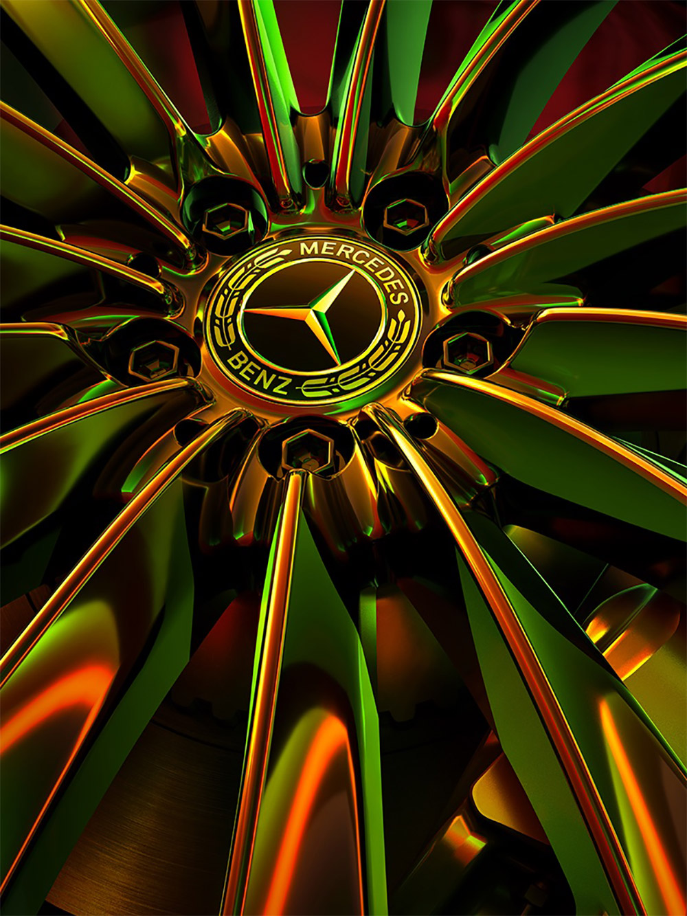 Mercedes-Benz Felge Detailaufname einer Mercedes-Benz-Felge.