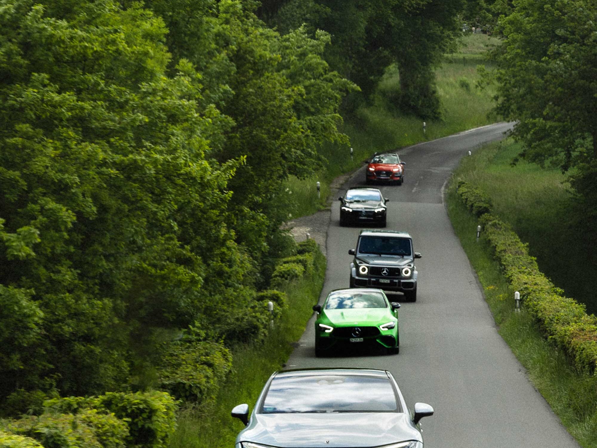 Diverse Mercedes-Benz Fahrzeuge fahren durch eine malerische, unberührte Naturlandschaft.