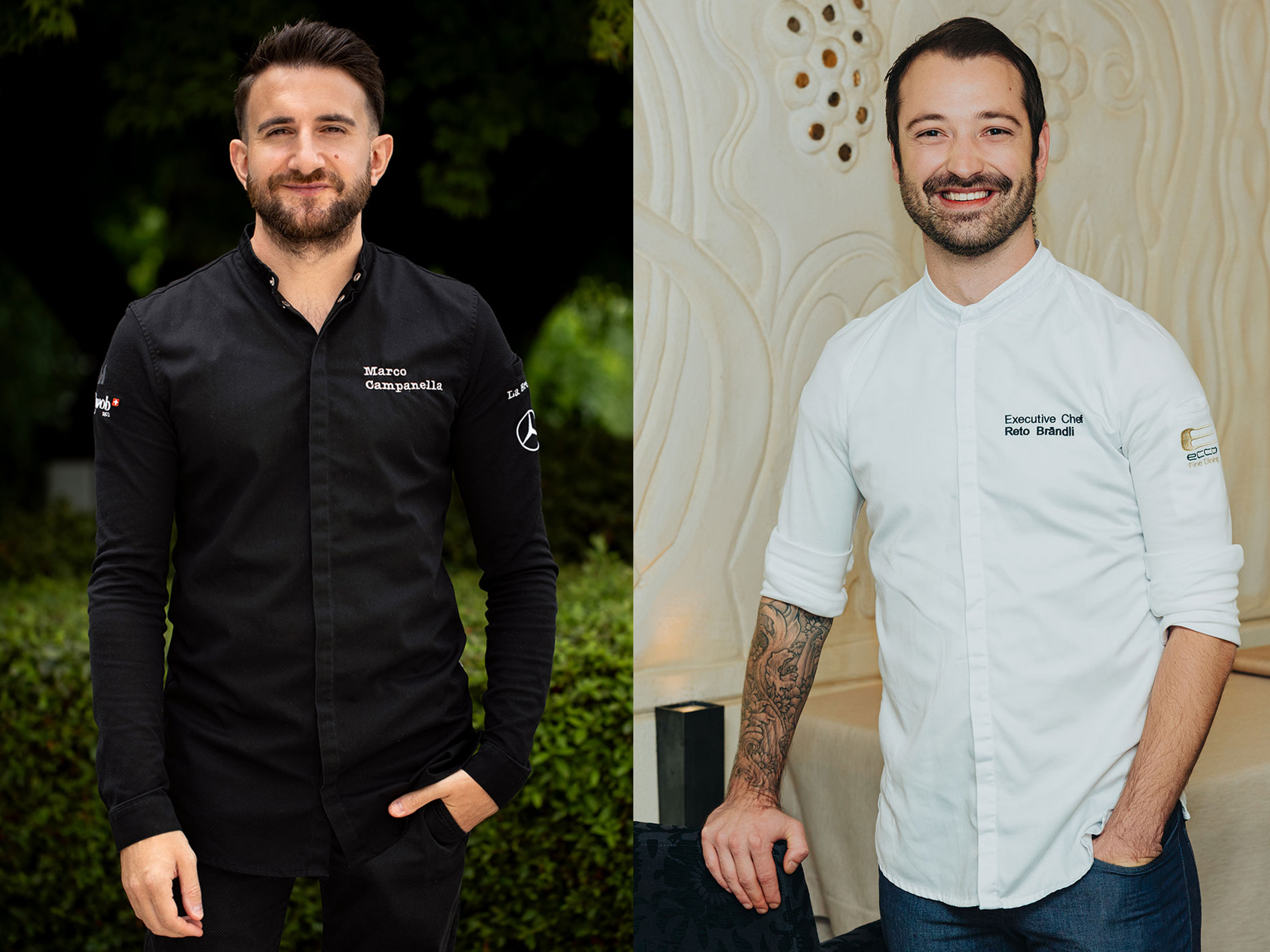 I padroni di casa del Tour del Gusto Mercedes-Benz Ritratti degli chef Marco Campanella e Reto Brändli.
