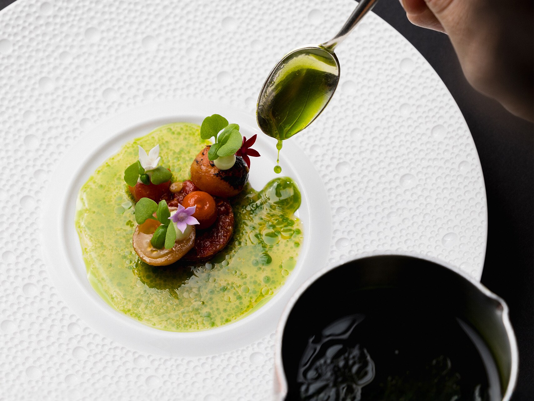 Petit menu de plats élégants sur une assiette blanche, artistiquement garni d'une sauce verte.