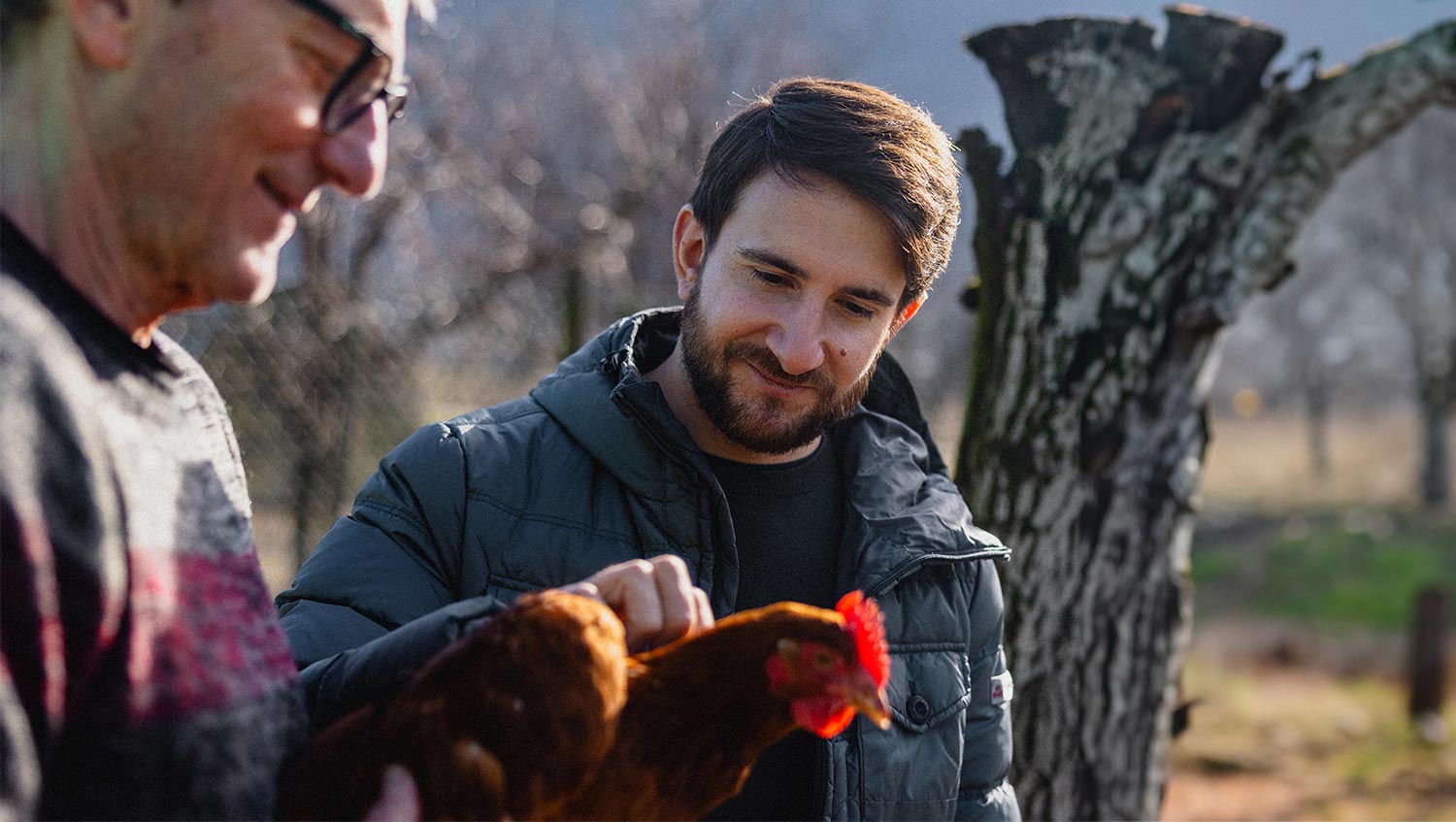Marco Campanella Marco Campanella streichelt ein Huhn beim Bauern.