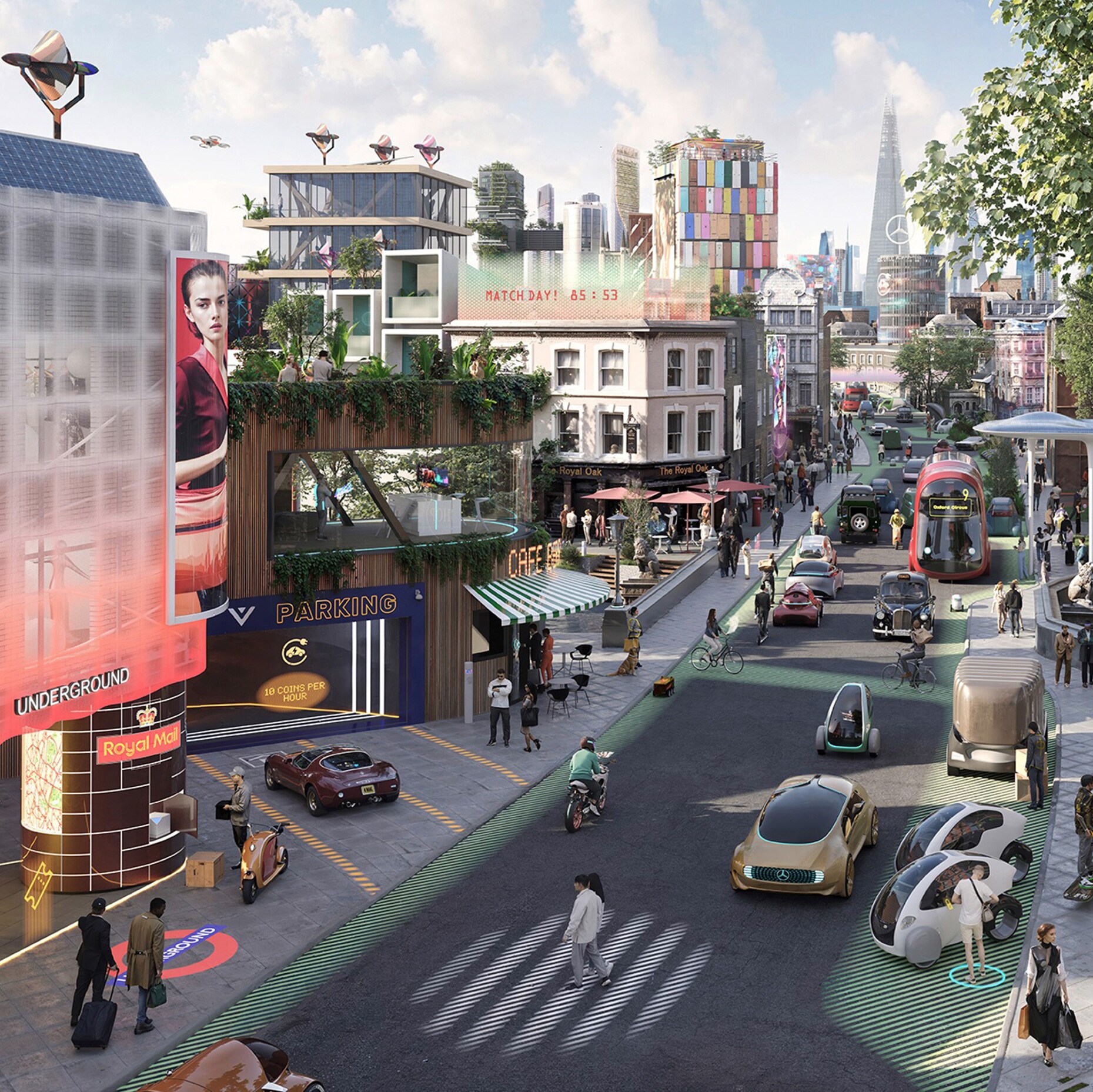 Illustration de la manière dont les modélistes du futur de Mercedes-Benz imaginent à quoi ressemblera la ville de Londres en 2040. 