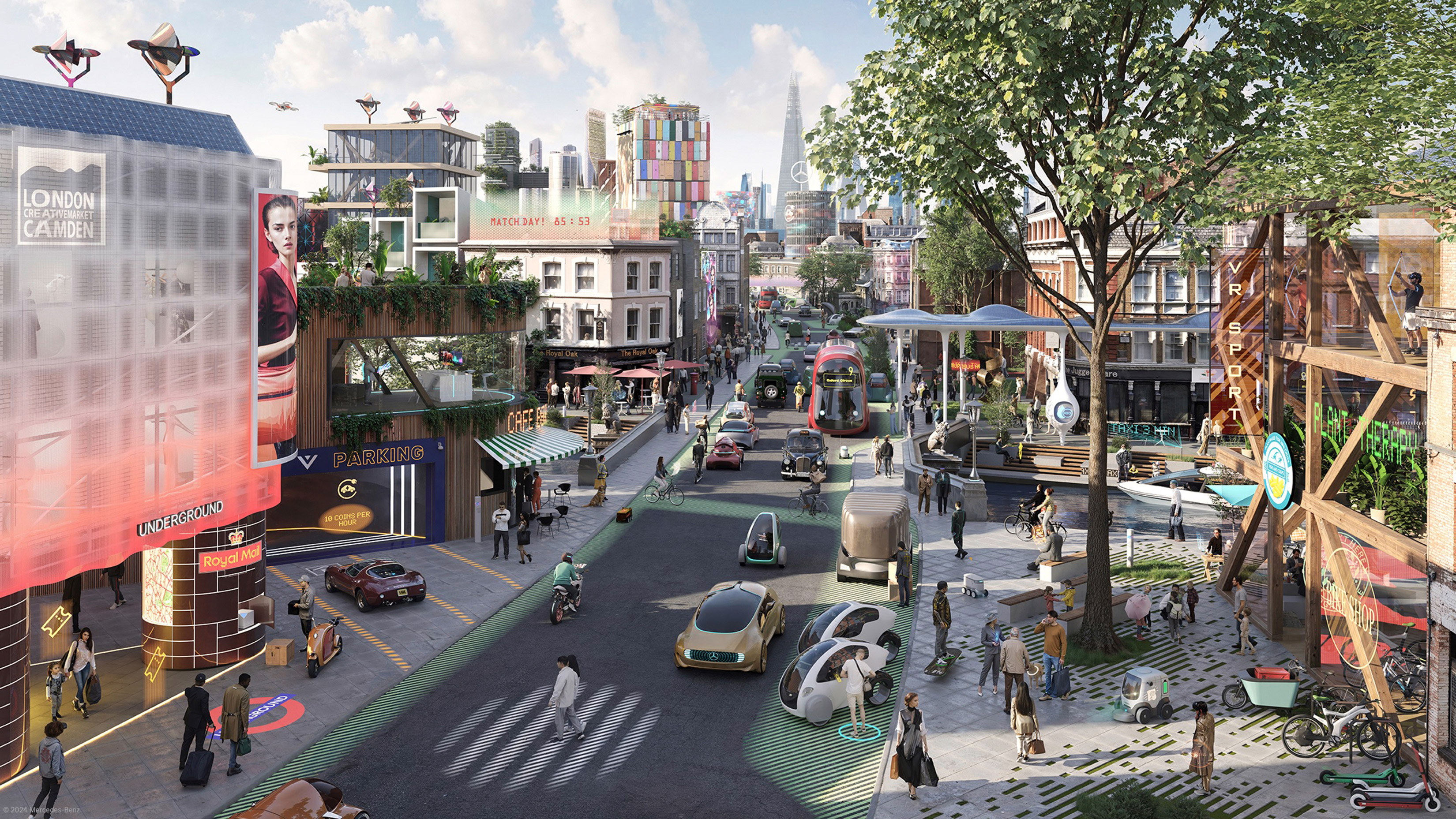 Illustration de la manière dont les modélistes du futur de Mercedes-Benz imaginent à quoi ressemblera la ville de Londres en 2040. Illustration de la manière dont les modélistes du futur de Mercedes-Benz imaginent à quoi ressemblera la ville de Londres en 2040.