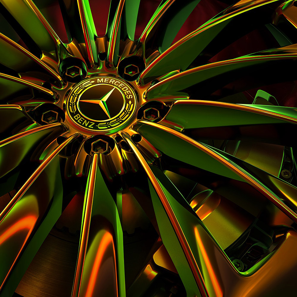Cerchio Mercedes-Benz Scatto dettagliato di una ruota Mercedes-Benz, nitido e ingrandito.