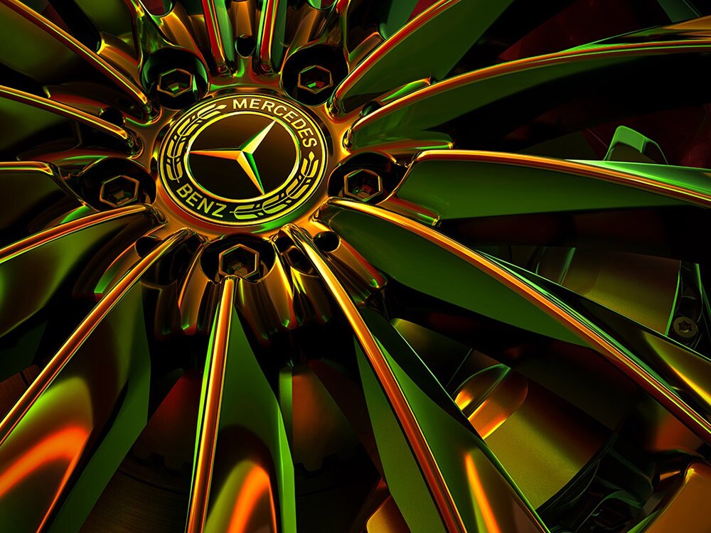 Detailaufname einer Mercedes-Benz-Felge.