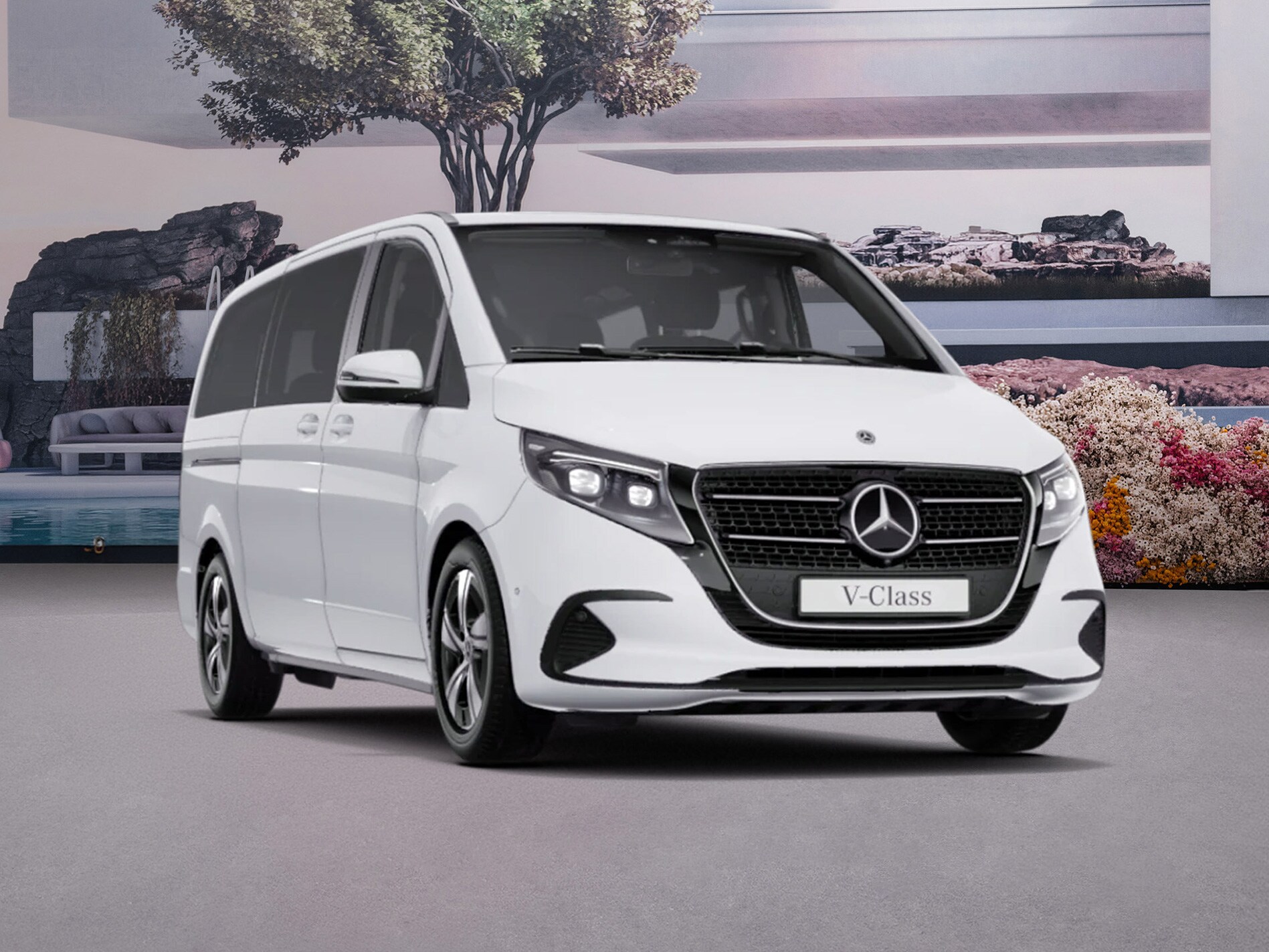 Mercedes-Benz V-Klasse TREND vor modernem, hell gestaltetem Hintergrund.