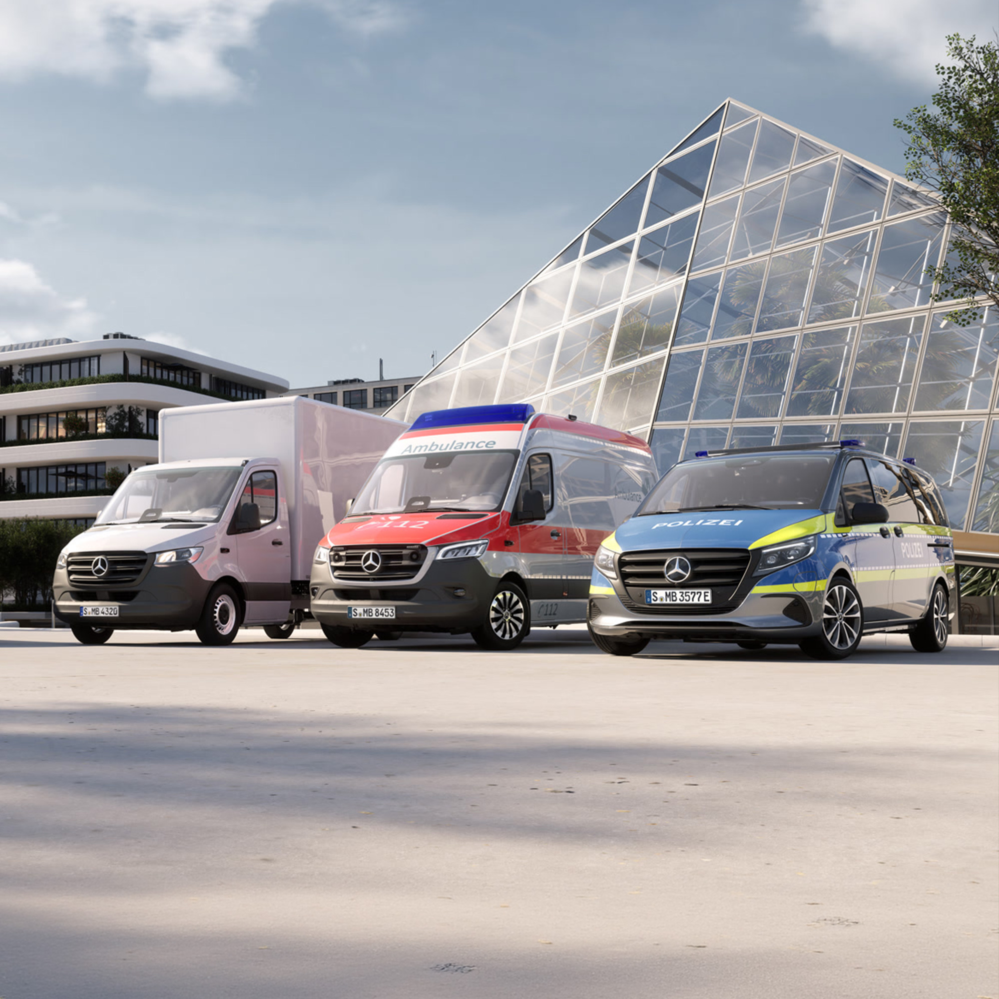 Veicoli commerciali Mercedes-Benz con diverse carrozzerie in un unico spazio.
