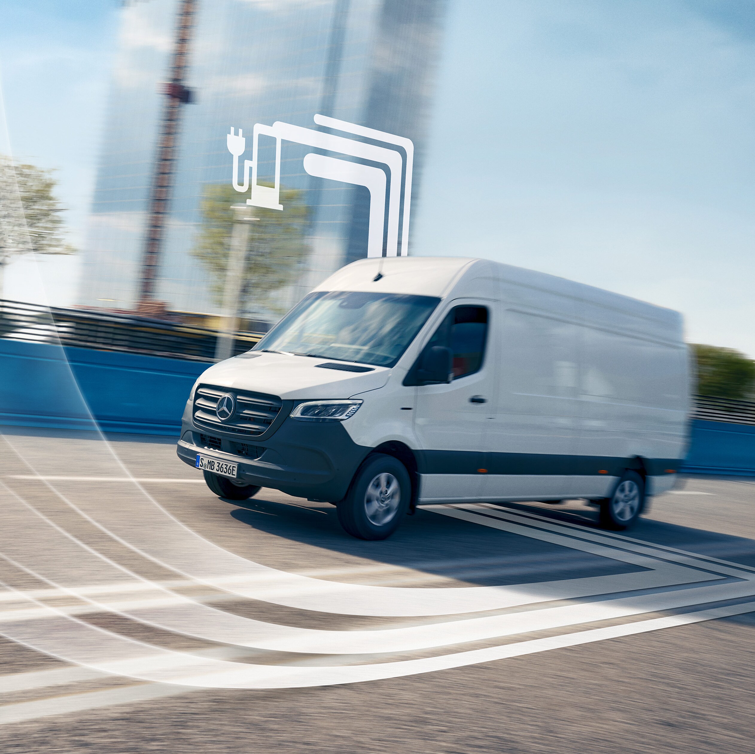 Un veicolo commerciale Mercedes-Benz con elementi grafici che rappresentano i Digital Extras.